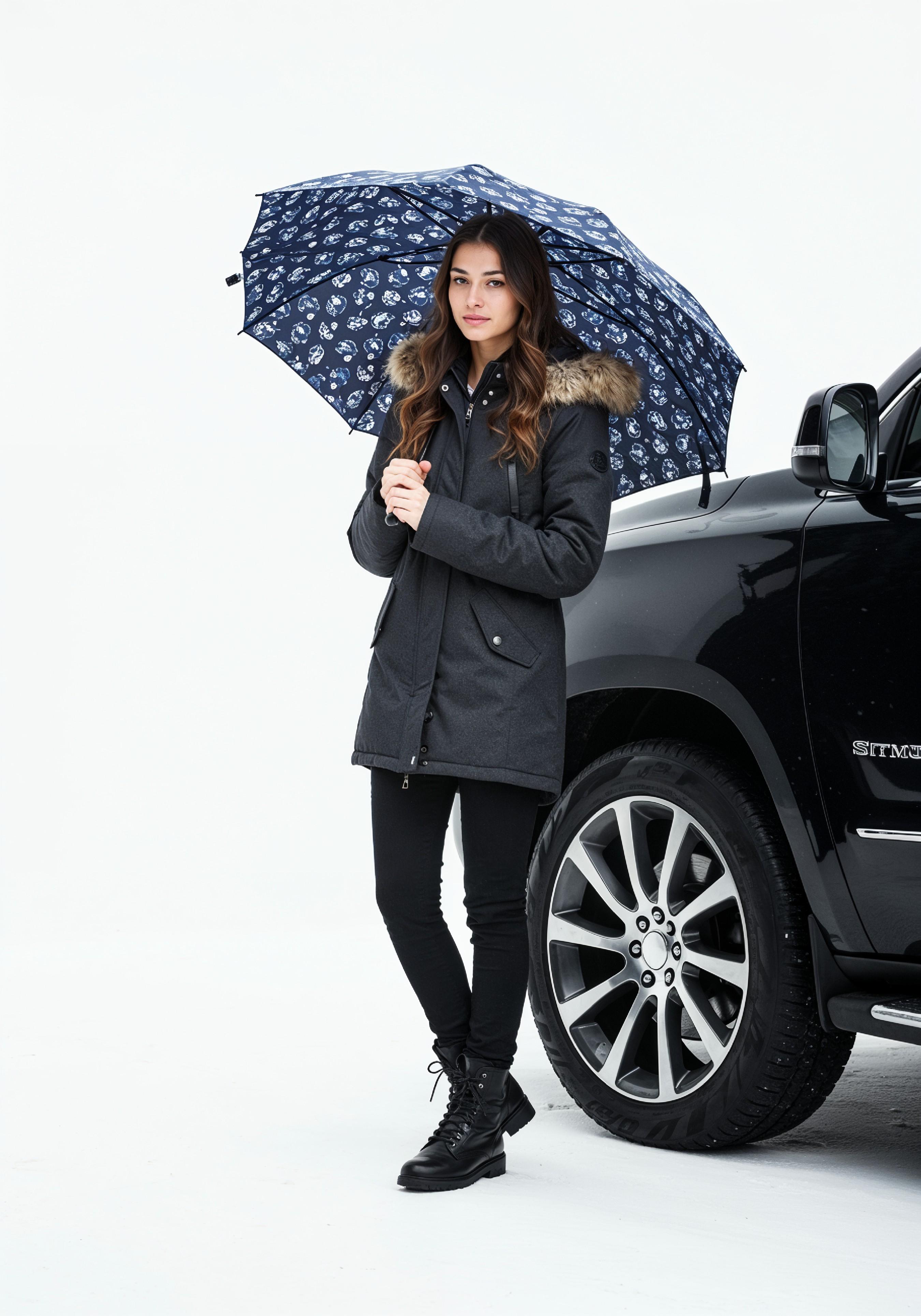 Stylish Young Woman Holding Umbrella Near Classic Vintage Car Fashion Portrait