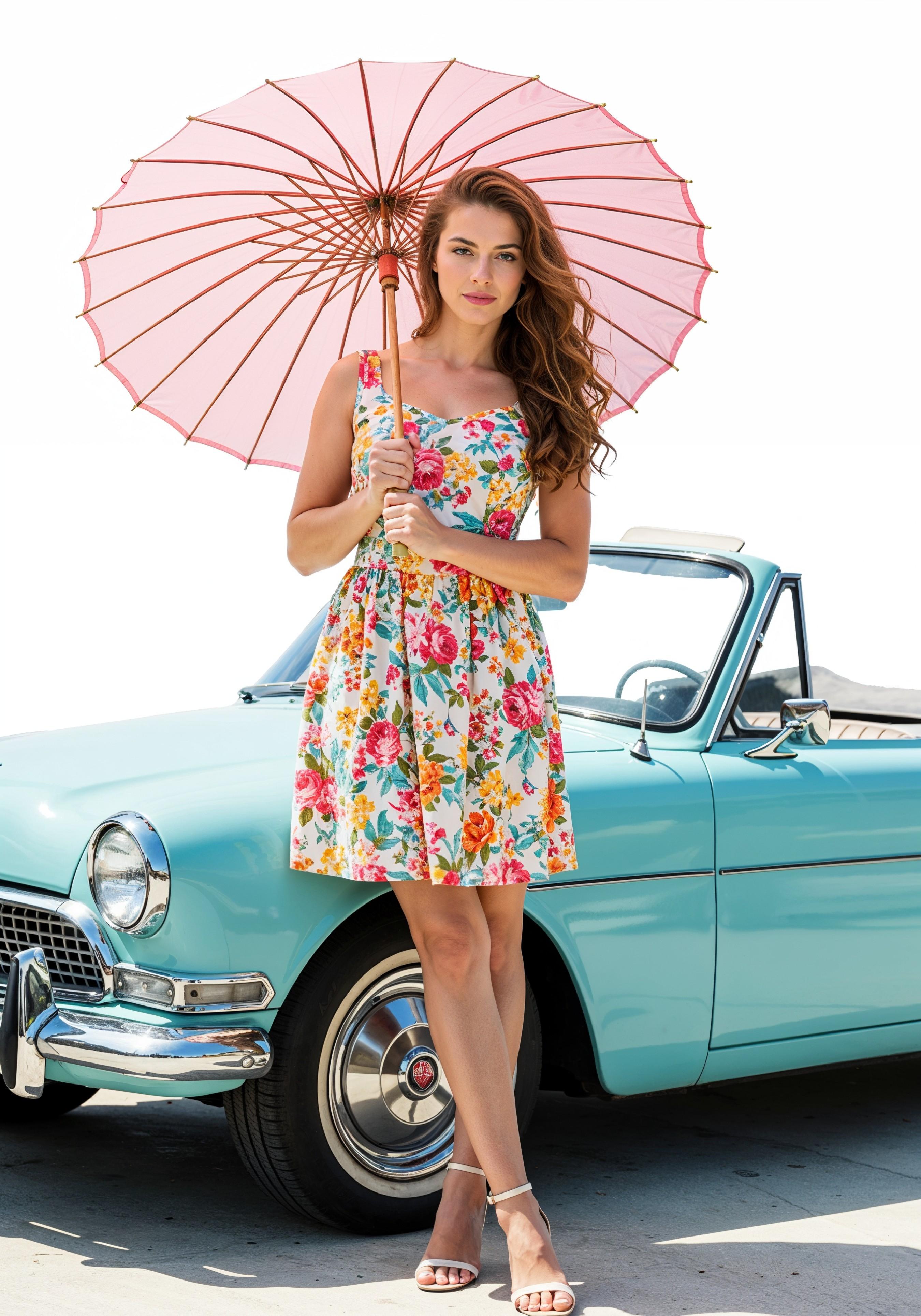 Stylish Young Woman Holding Umbrella Near Classic Vintage Car Fashion Portrait