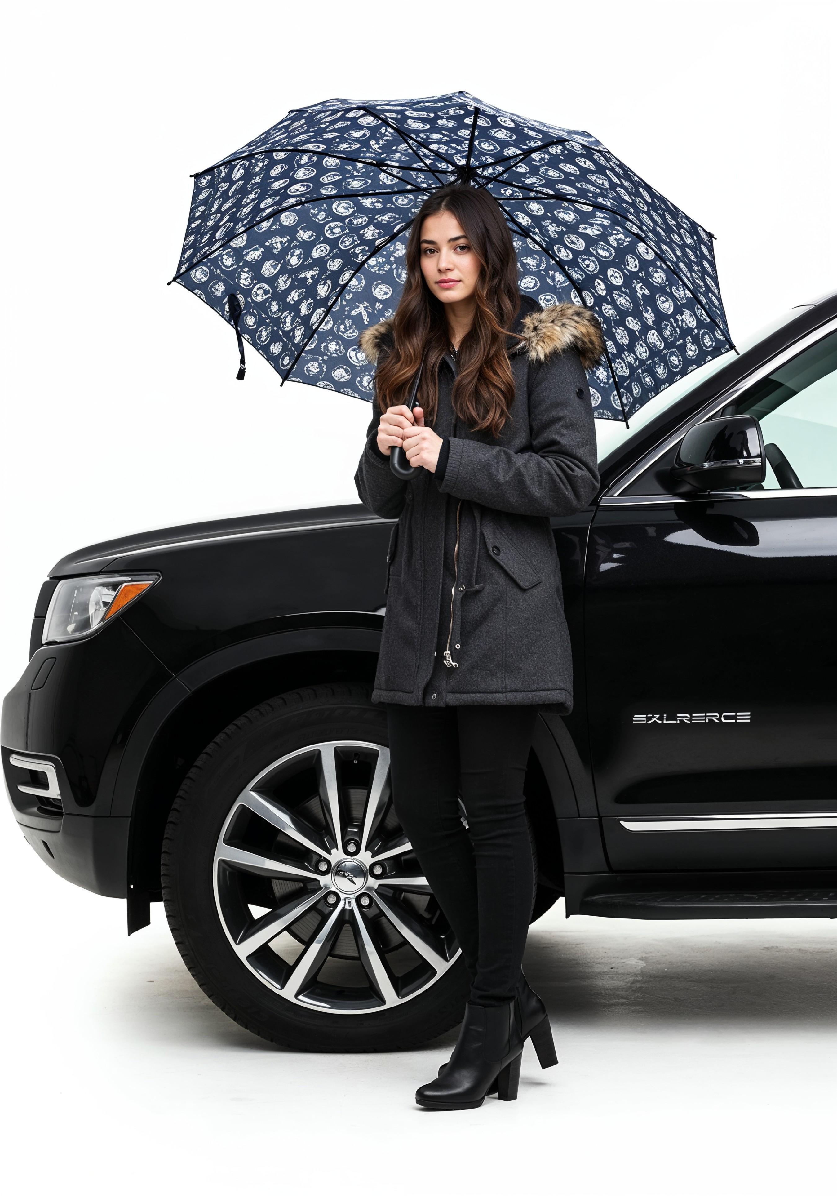 Stylish Young Woman Holding Umbrella Near Classic Vintage Car Fashion Portrait
