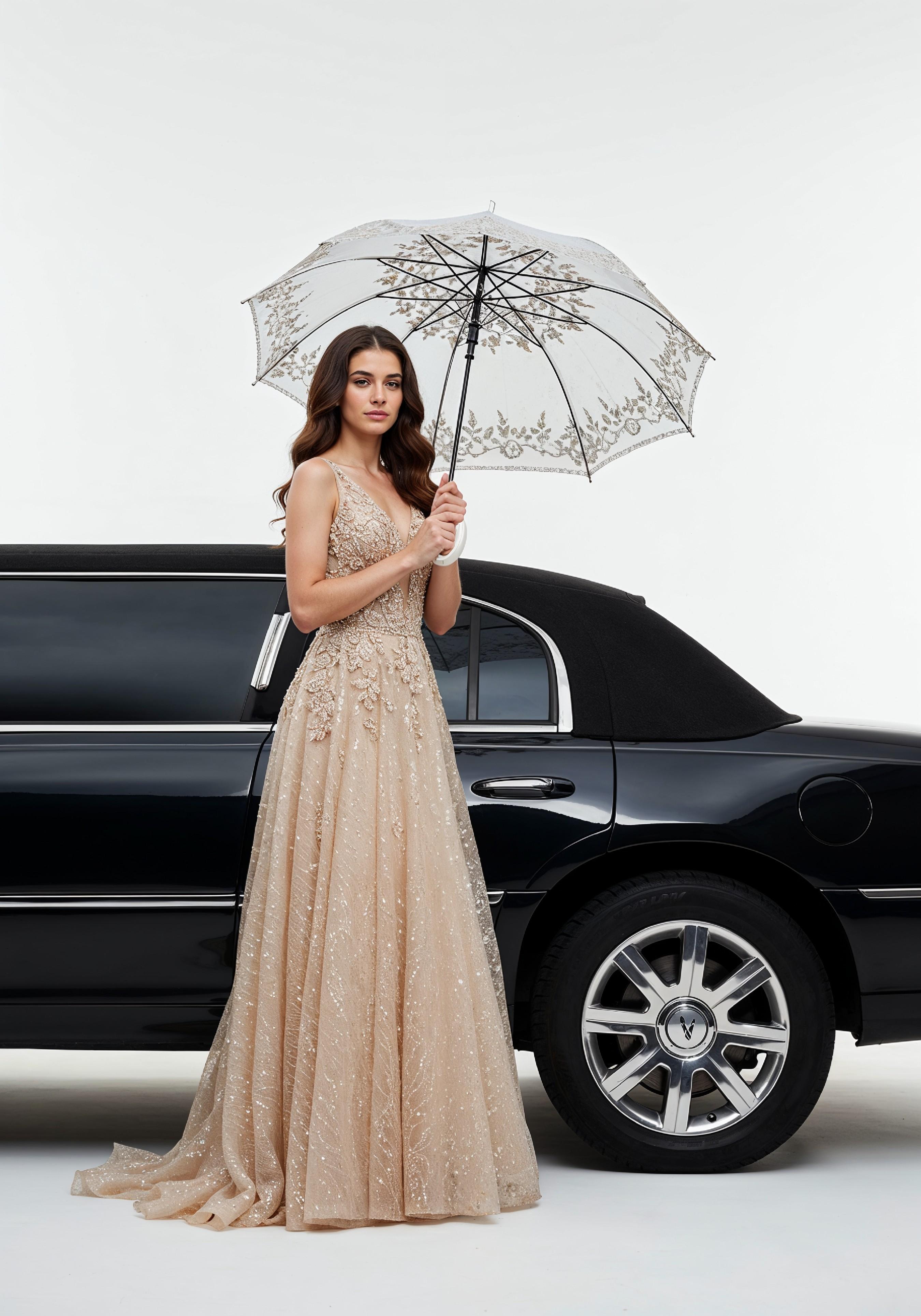 Stylish Young Woman Holding Umbrella Near Classic Vintage Car Fashion Portrait