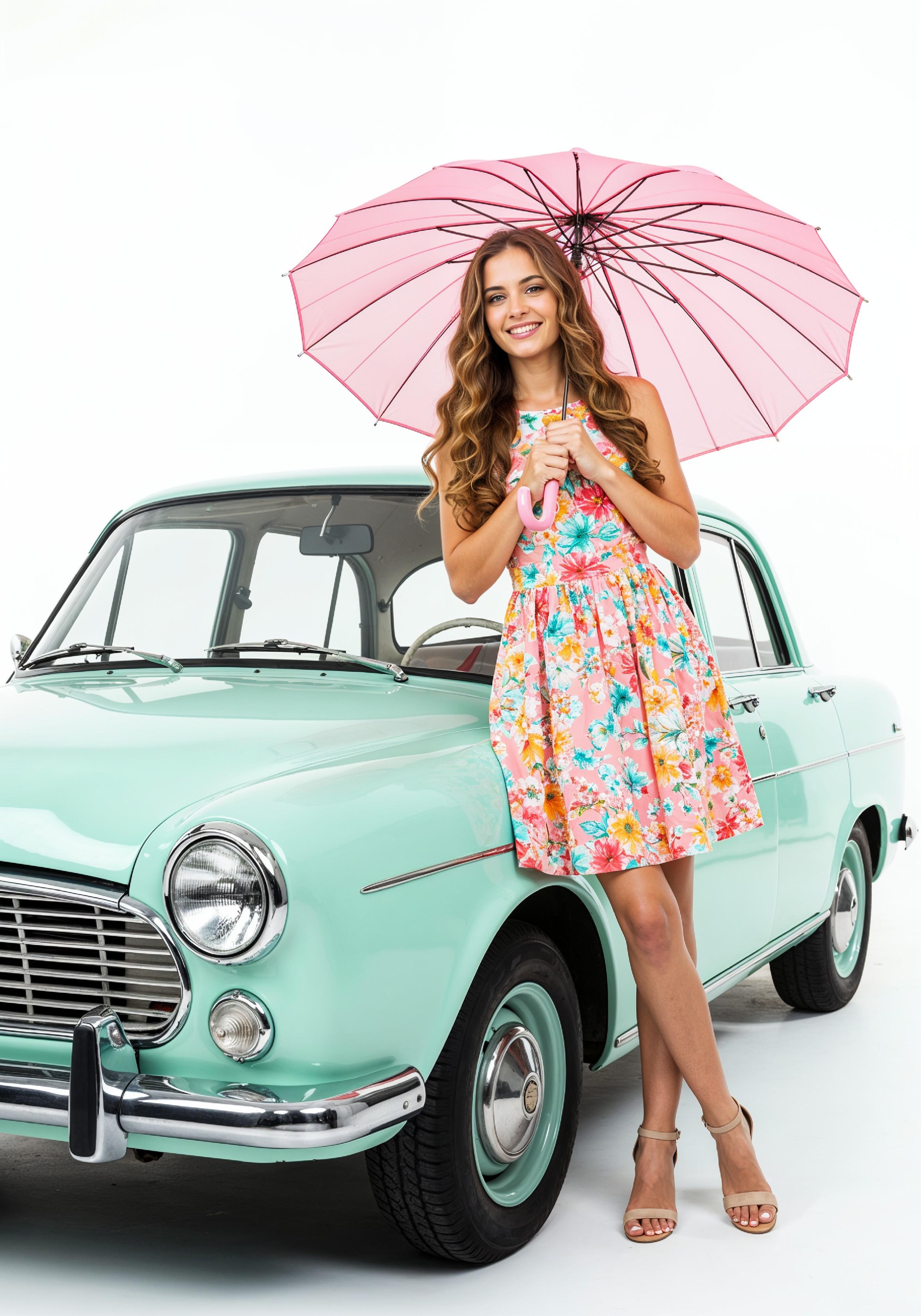 Stylish Young Woman Holding Umbrella Near Classic Vintage Car Fashion Portrait