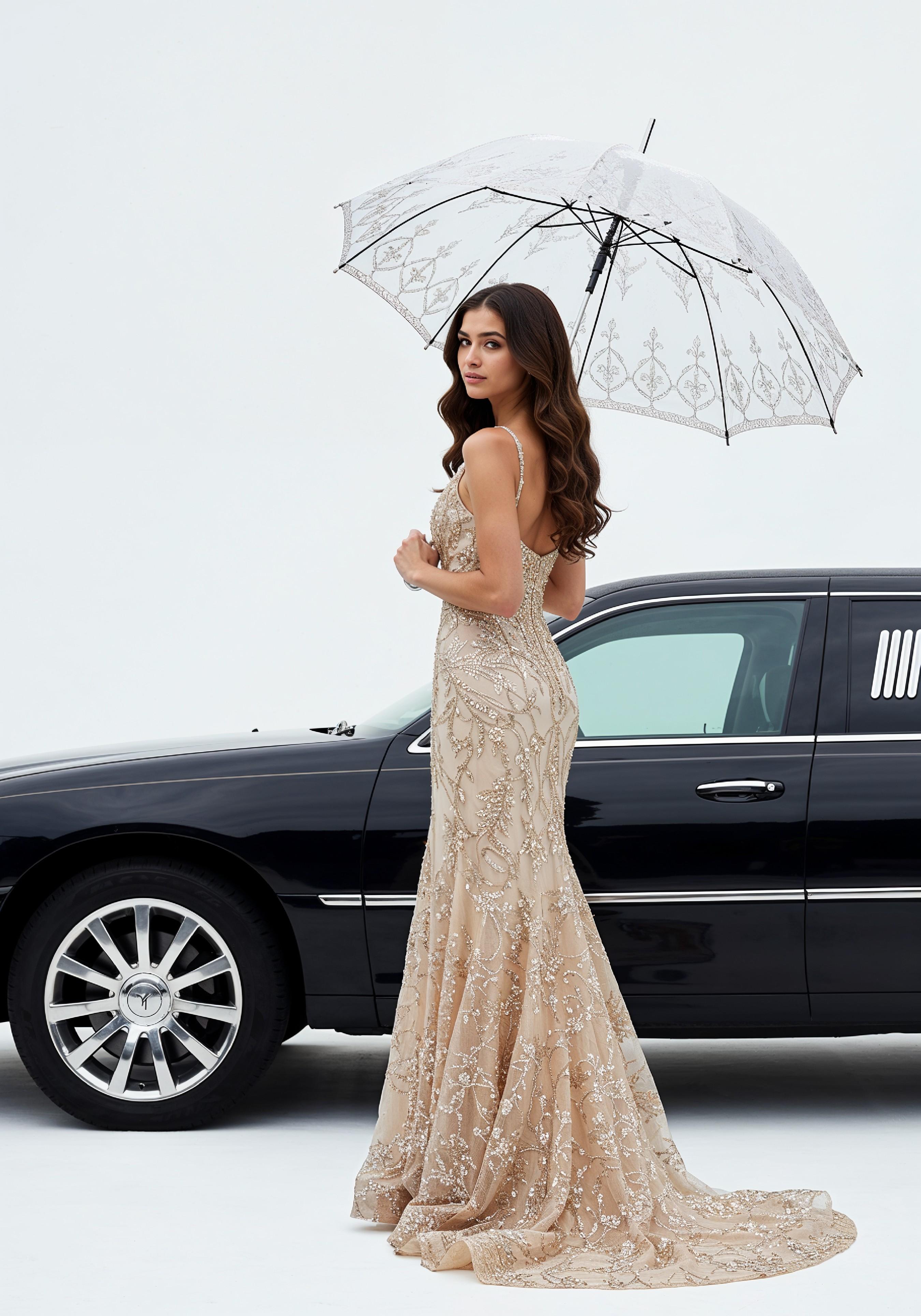 Stylish Young Woman Holding Umbrella Near Classic Vintage Car Fashion Portrait