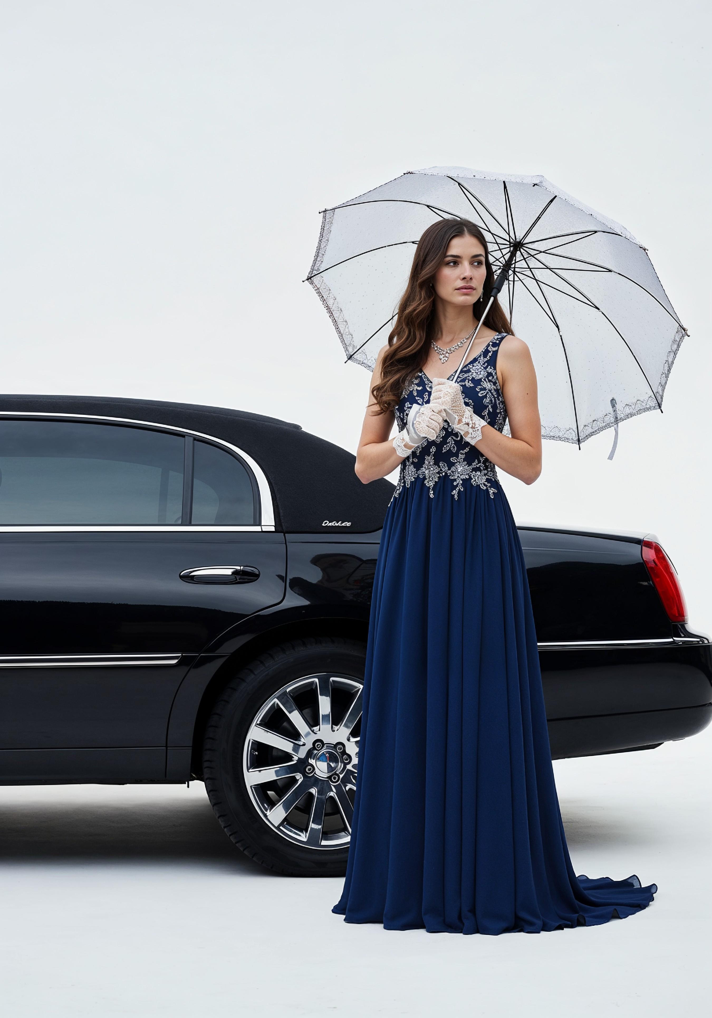 Stylish Young Woman Holding Umbrella Near Classic Vintage Car Fashion Portrait