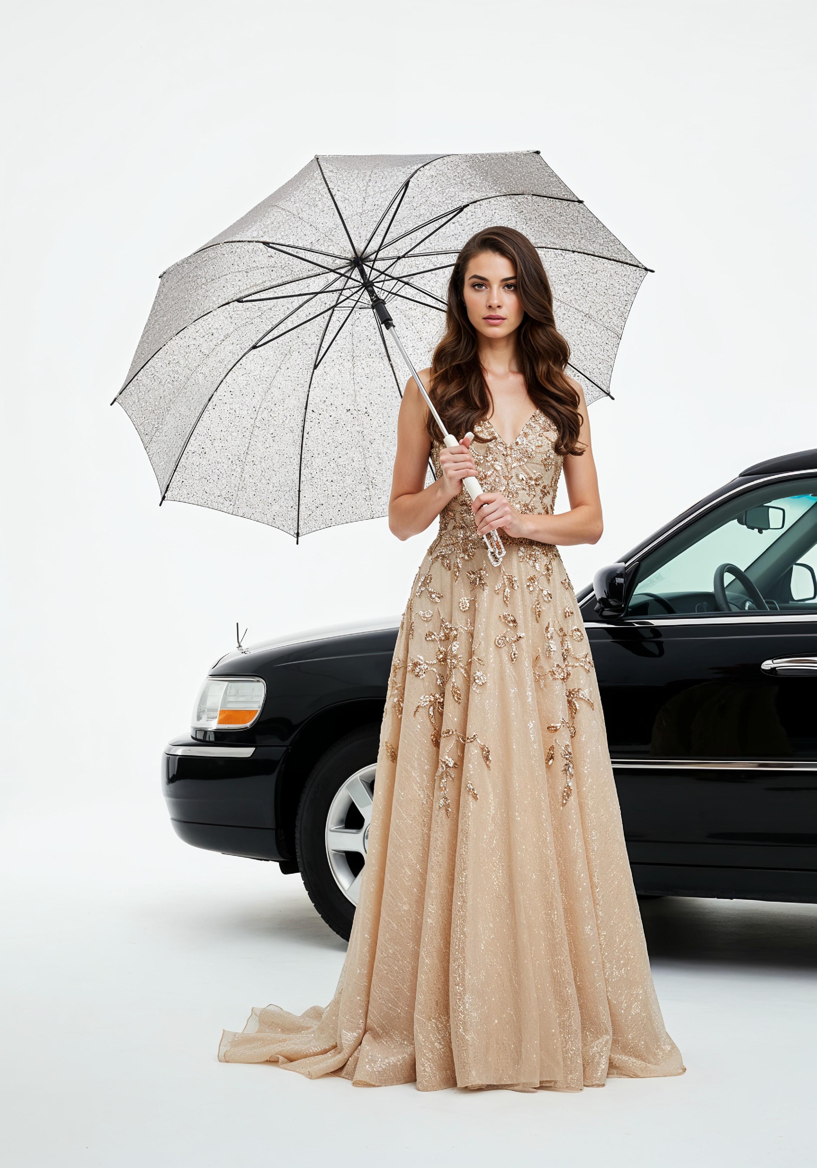 Stylish Young Woman Holding Umbrella Near Classic Vintage Car Fashion Portrait