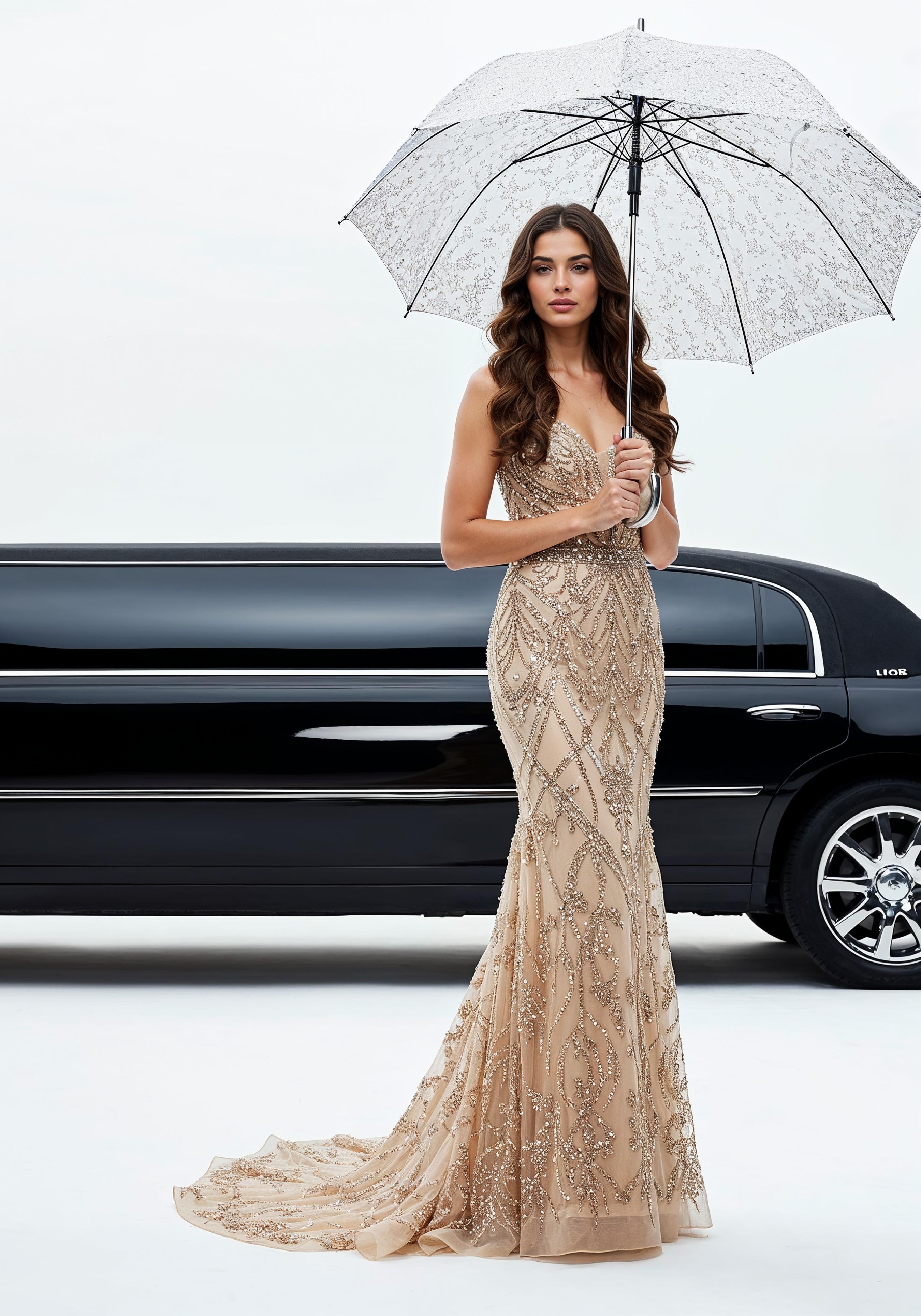 Stylish Young Woman Holding Umbrella Near Classic Vintage Car Fashion Portrait