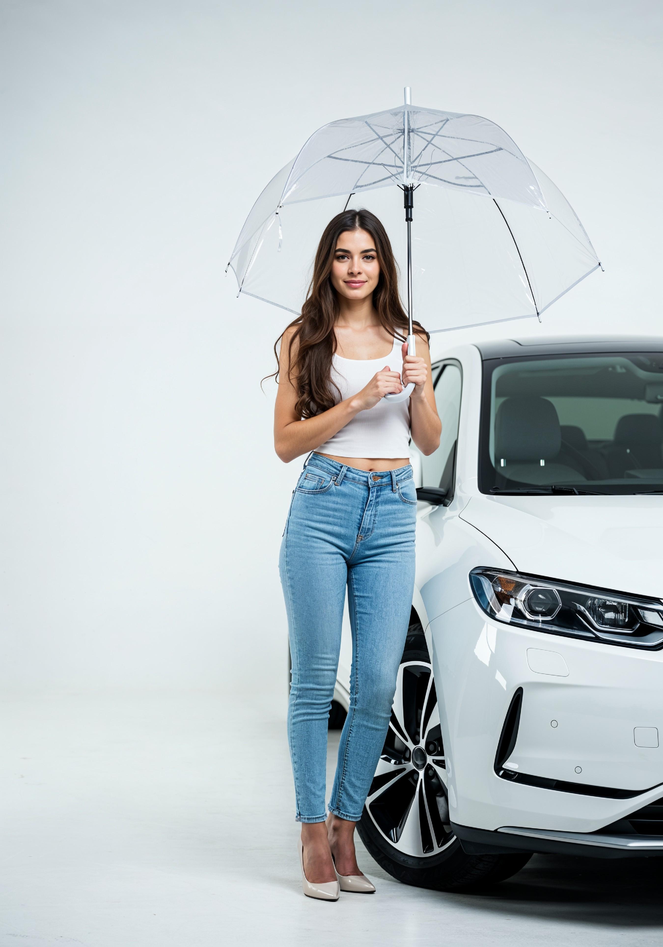Stylish Young Woman Holding Umbrella Near Classic Vintage Car Fashion Portrait