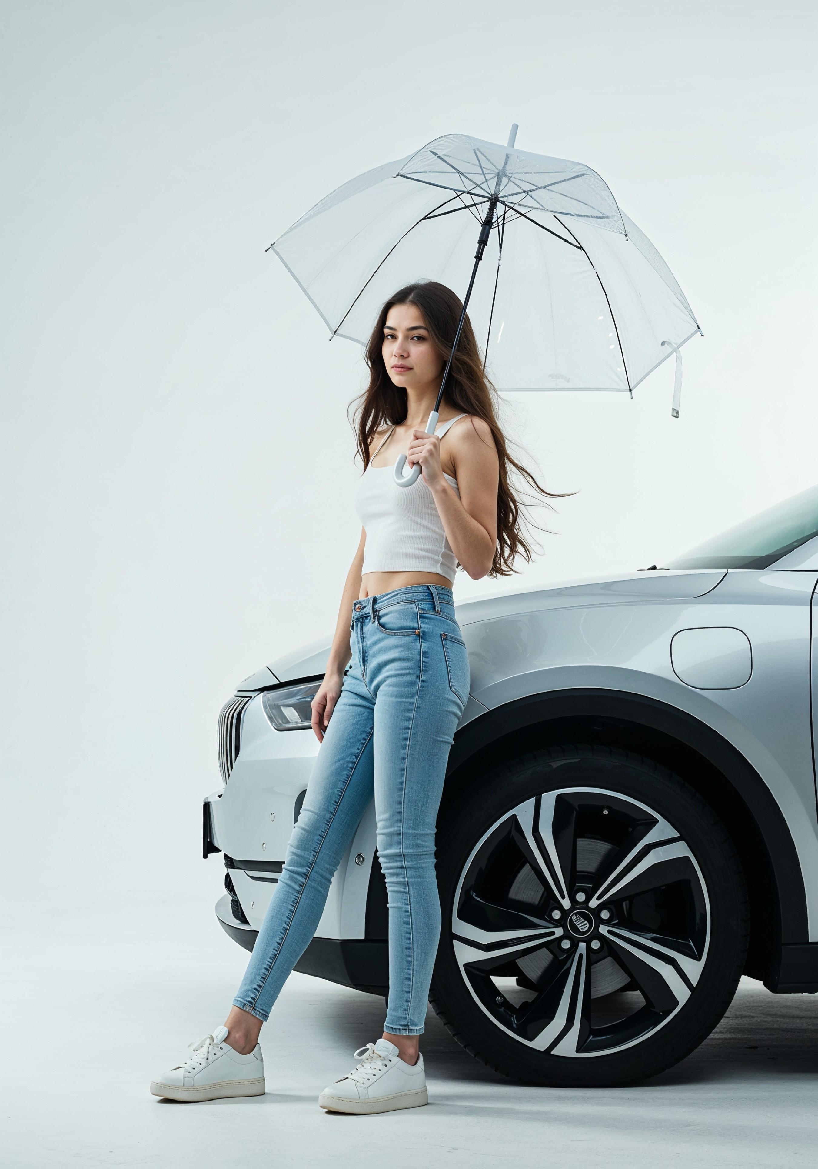 Stylish Young Woman Holding Umbrella Near Classic Vintage Car Fashion Portrait