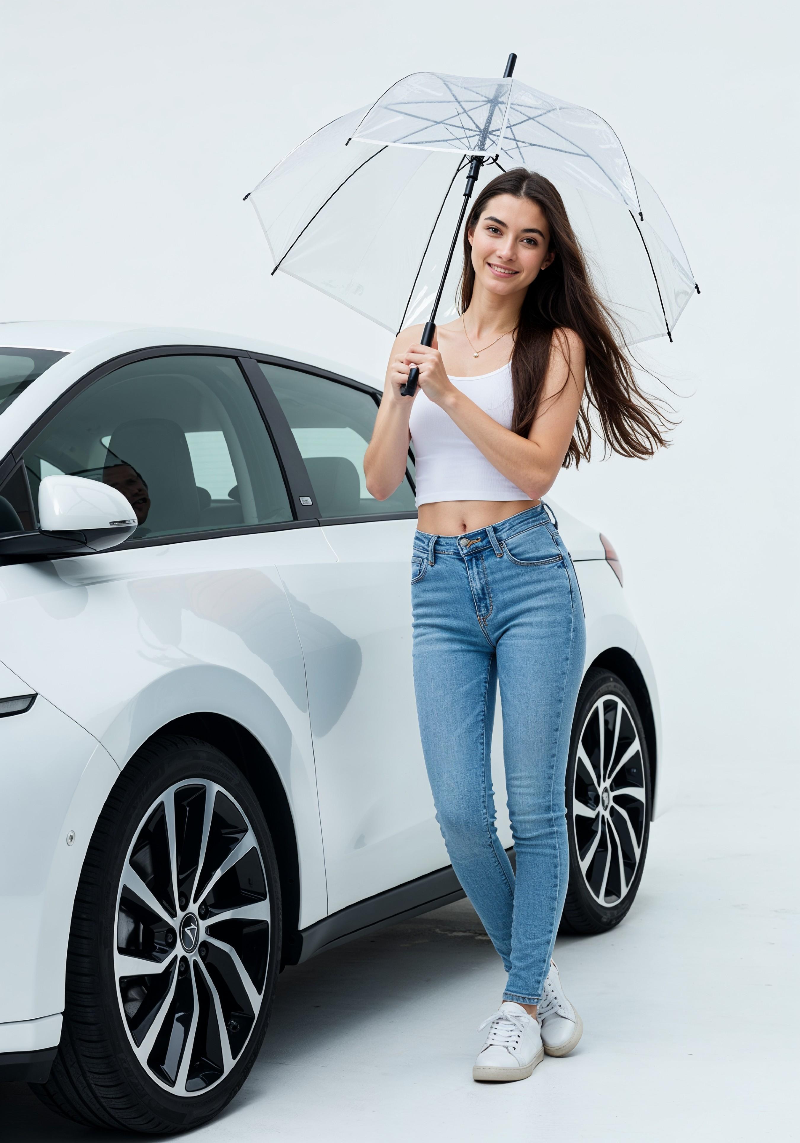 Stylish Young Woman Holding Umbrella Near Classic Vintage Car Fashion Portrait