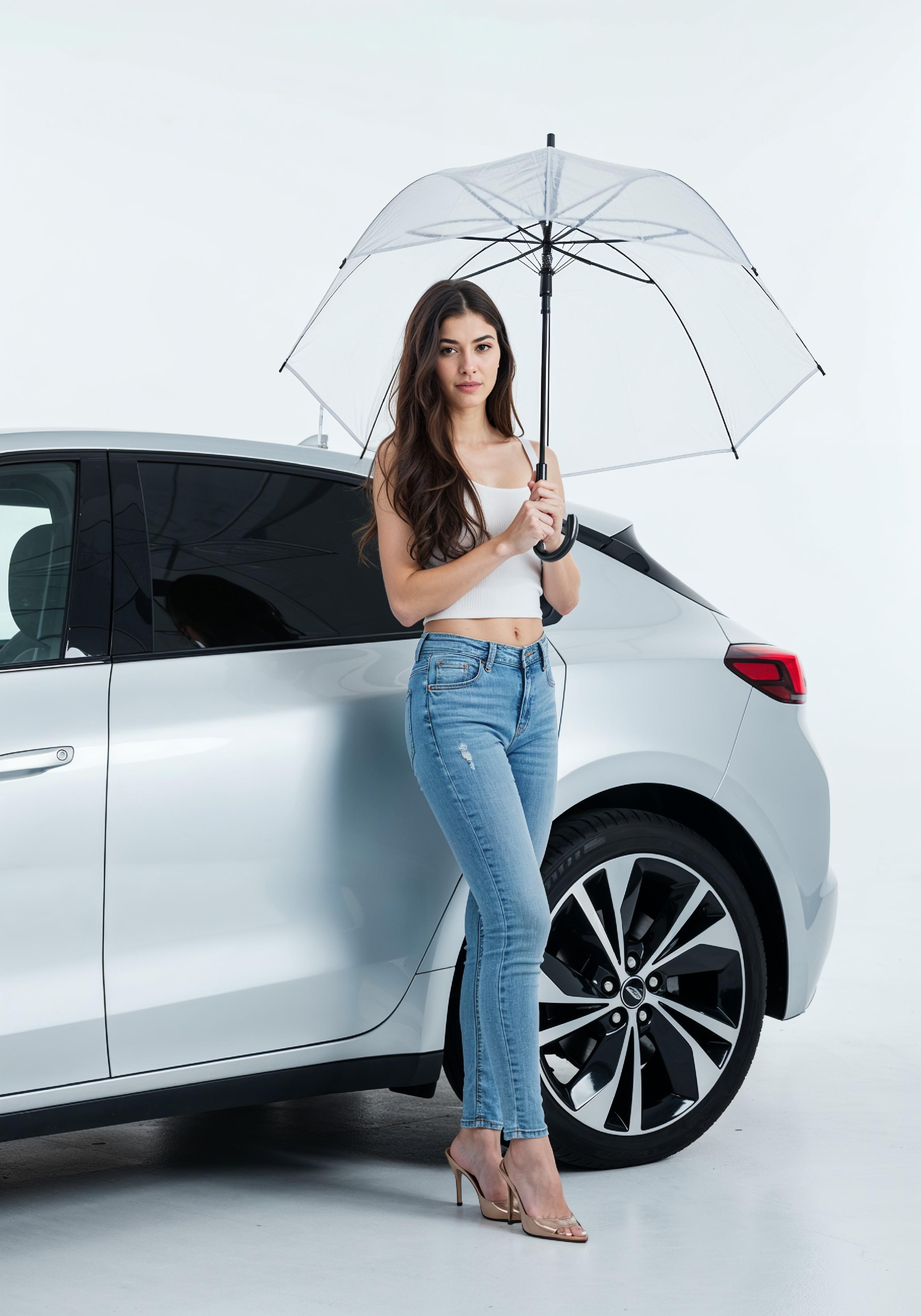 Stylish Young Woman Holding Umbrella Near Classic Vintage Car Fashion Portrait