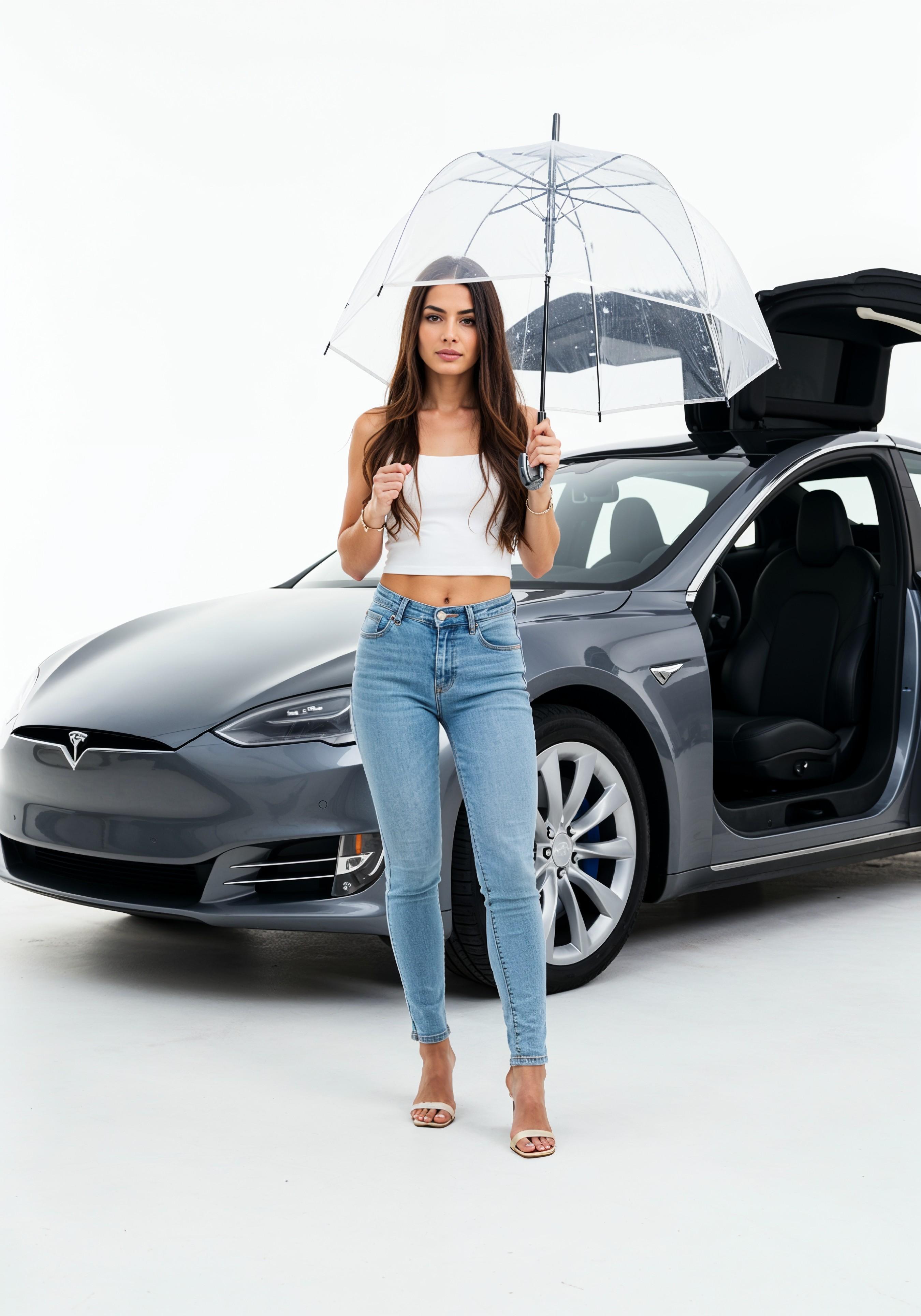 Stylish Young Woman Holding Umbrella Near Classic Vintage Car Fashion Portrait