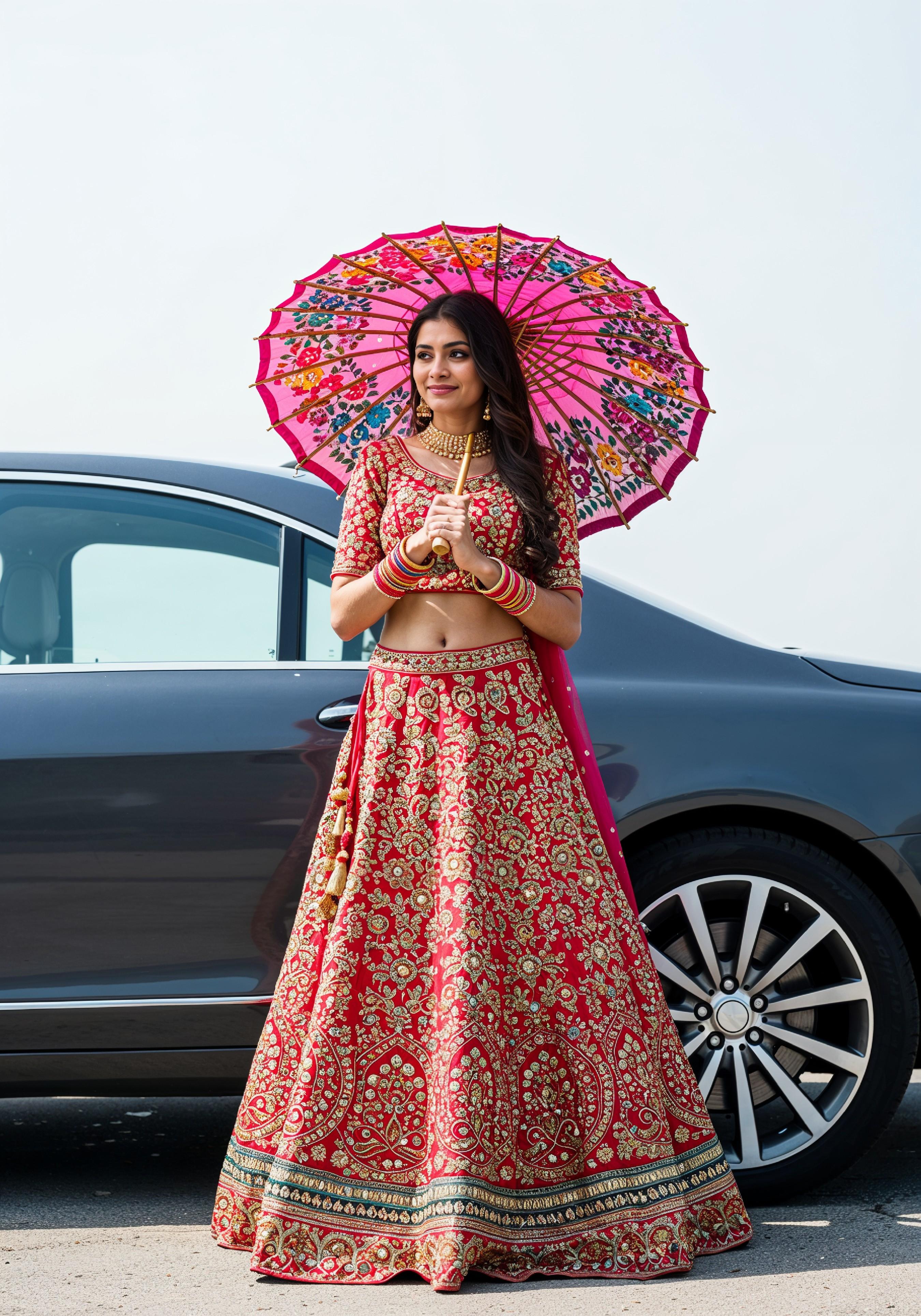 Stylish Young Woman Holding Umbrella Near Classic Vintage Car Fashion Portrait