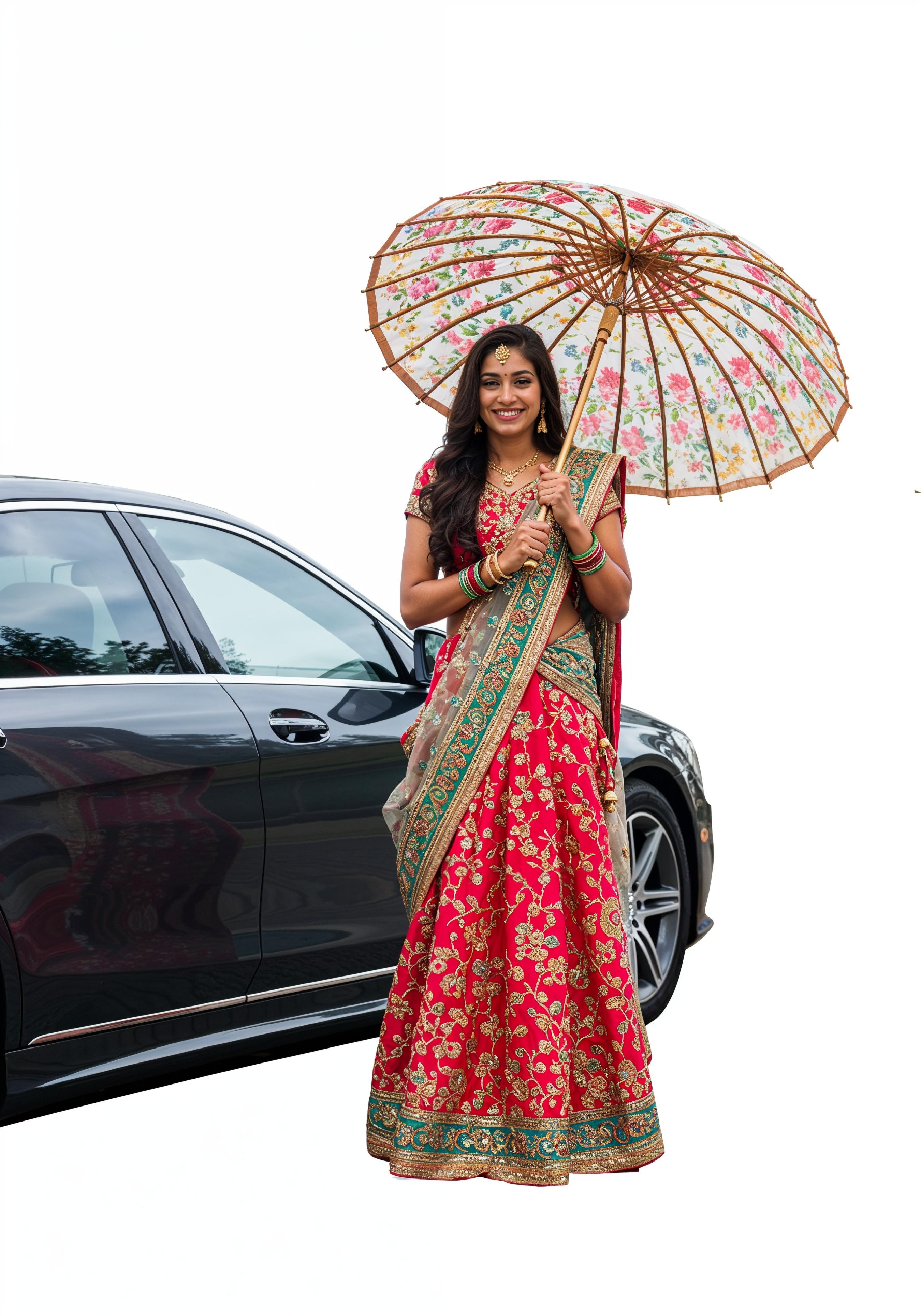 Stylish Young Woman Holding Umbrella Near Classic Vintage Car Fashion Portrait