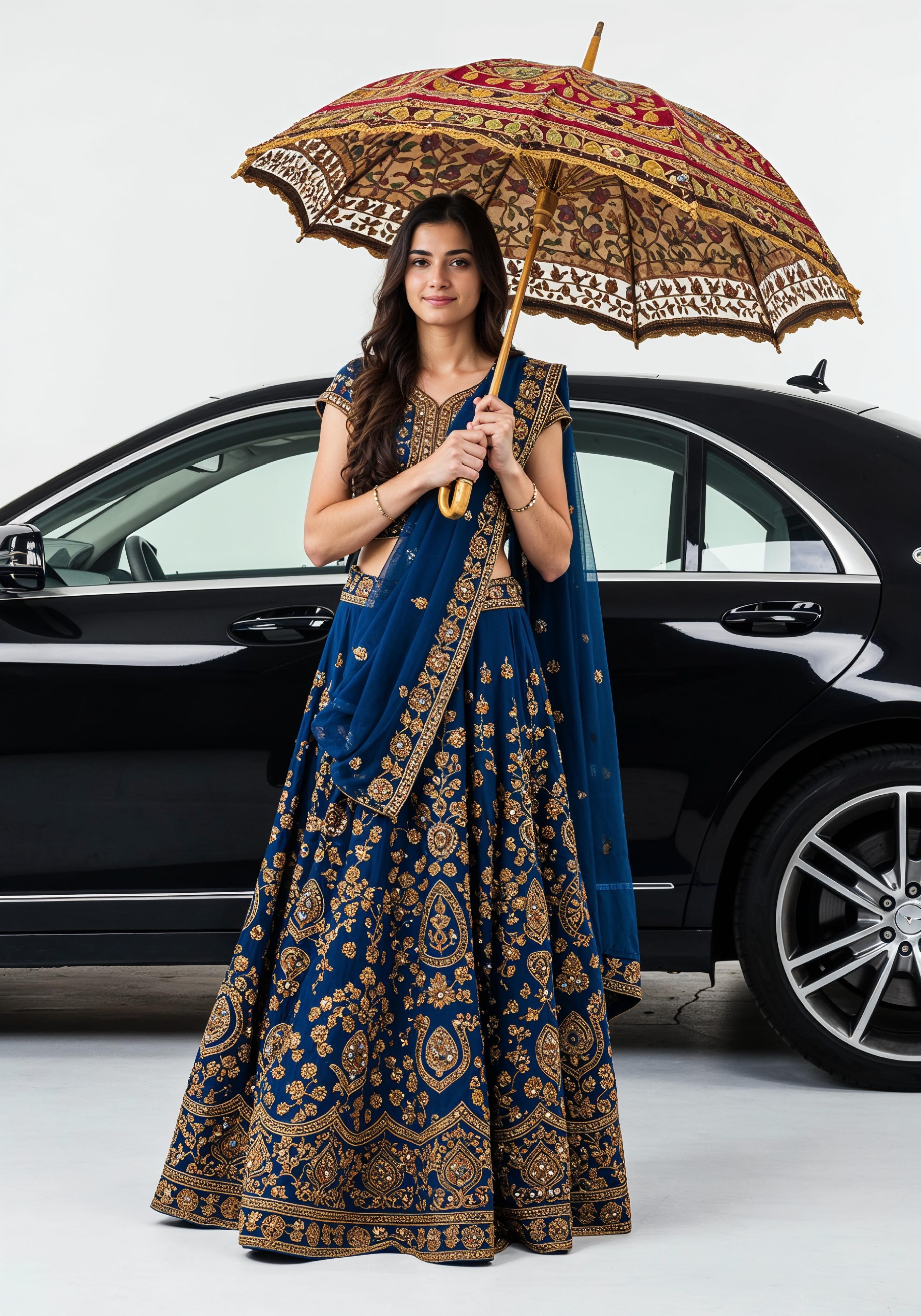 Stylish Young Woman Holding Umbrella Near Classic Vintage Car Fashion Portrait