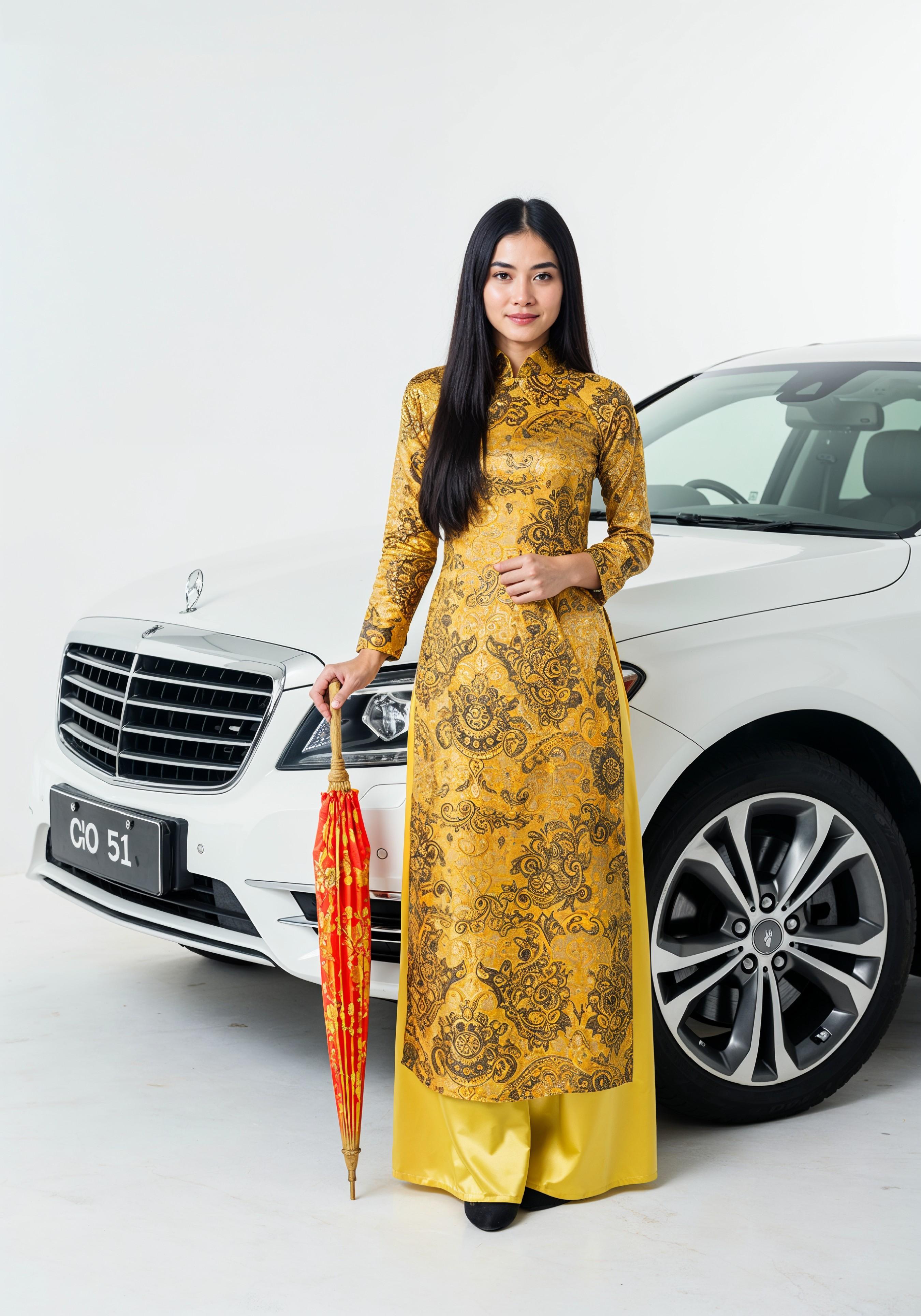 Stylish Young Woman Holding Umbrella Near Classic Vintage Car Fashion Portrait