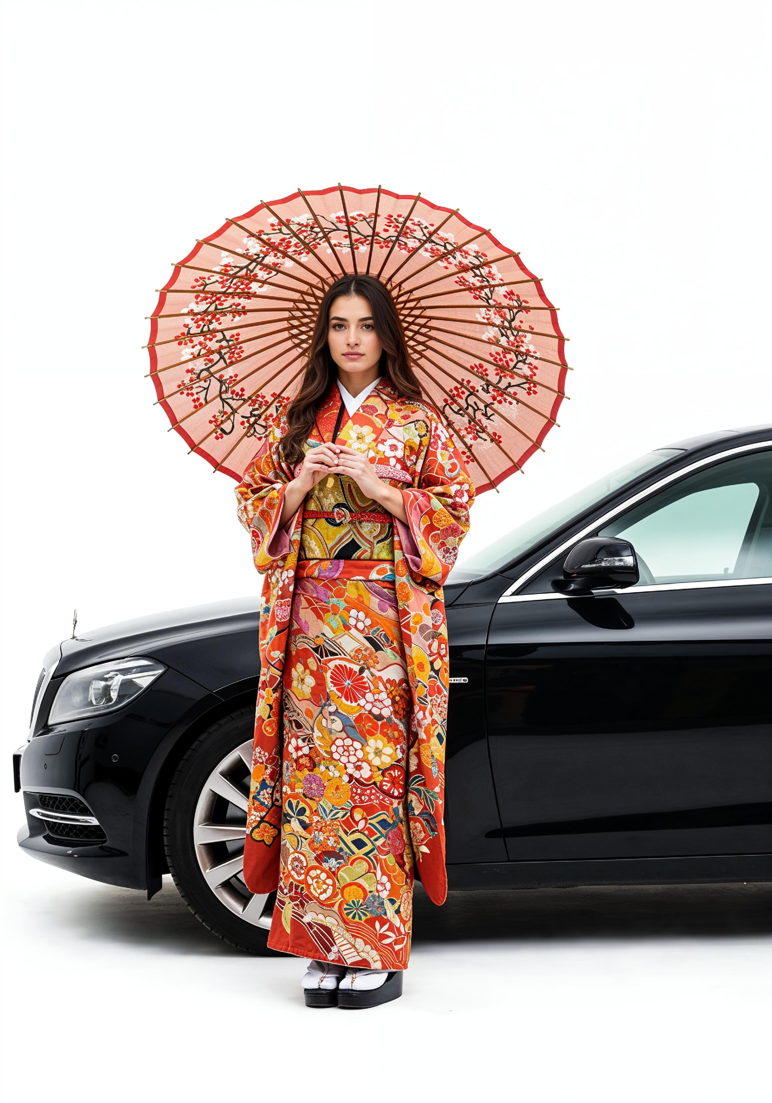 Stylish Young Woman Holding Umbrella Near Classic Vintage Car Fashion Portrait