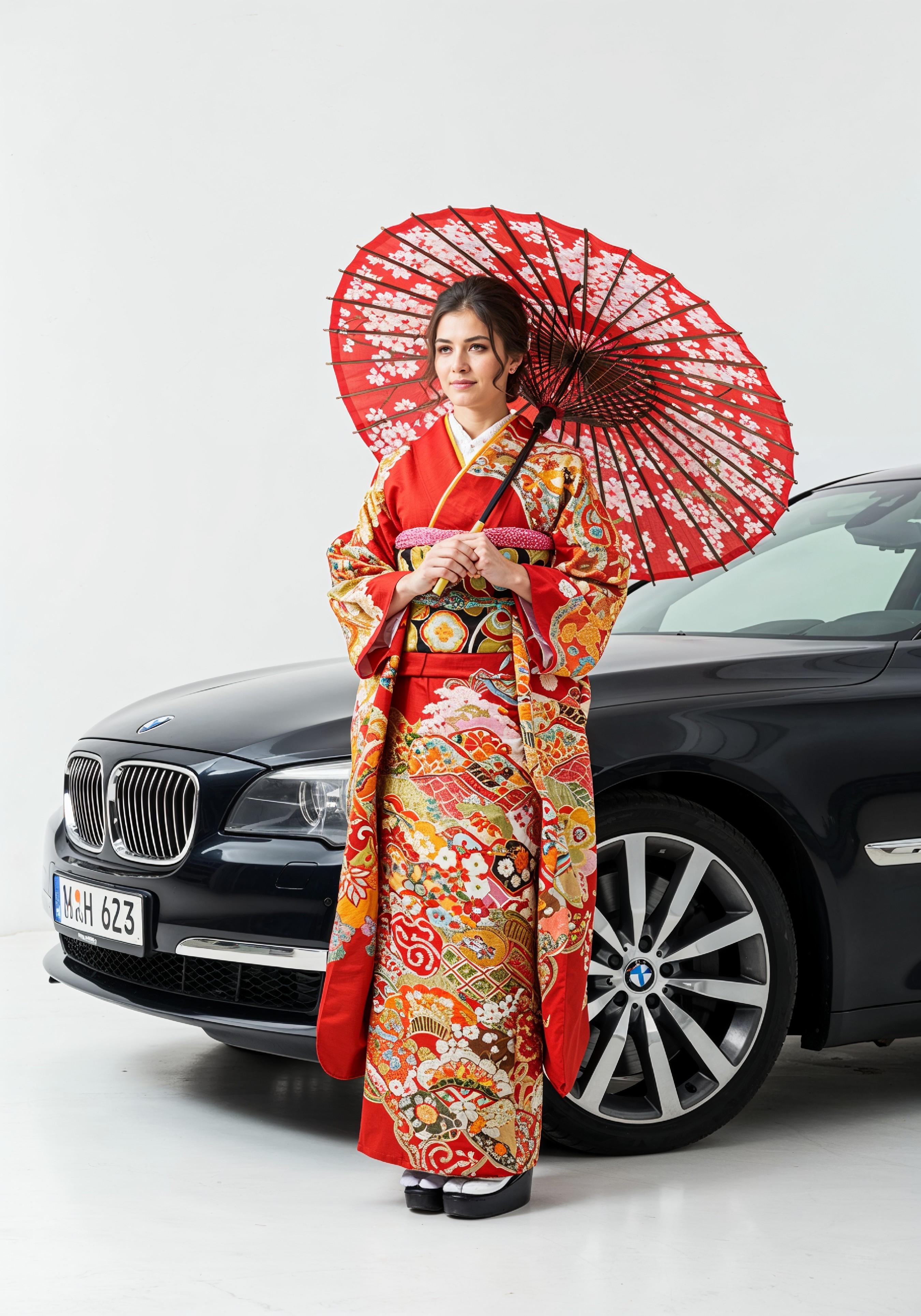 Stylish Young Woman Holding Umbrella Near Classic Vintage Car Fashion Portrait