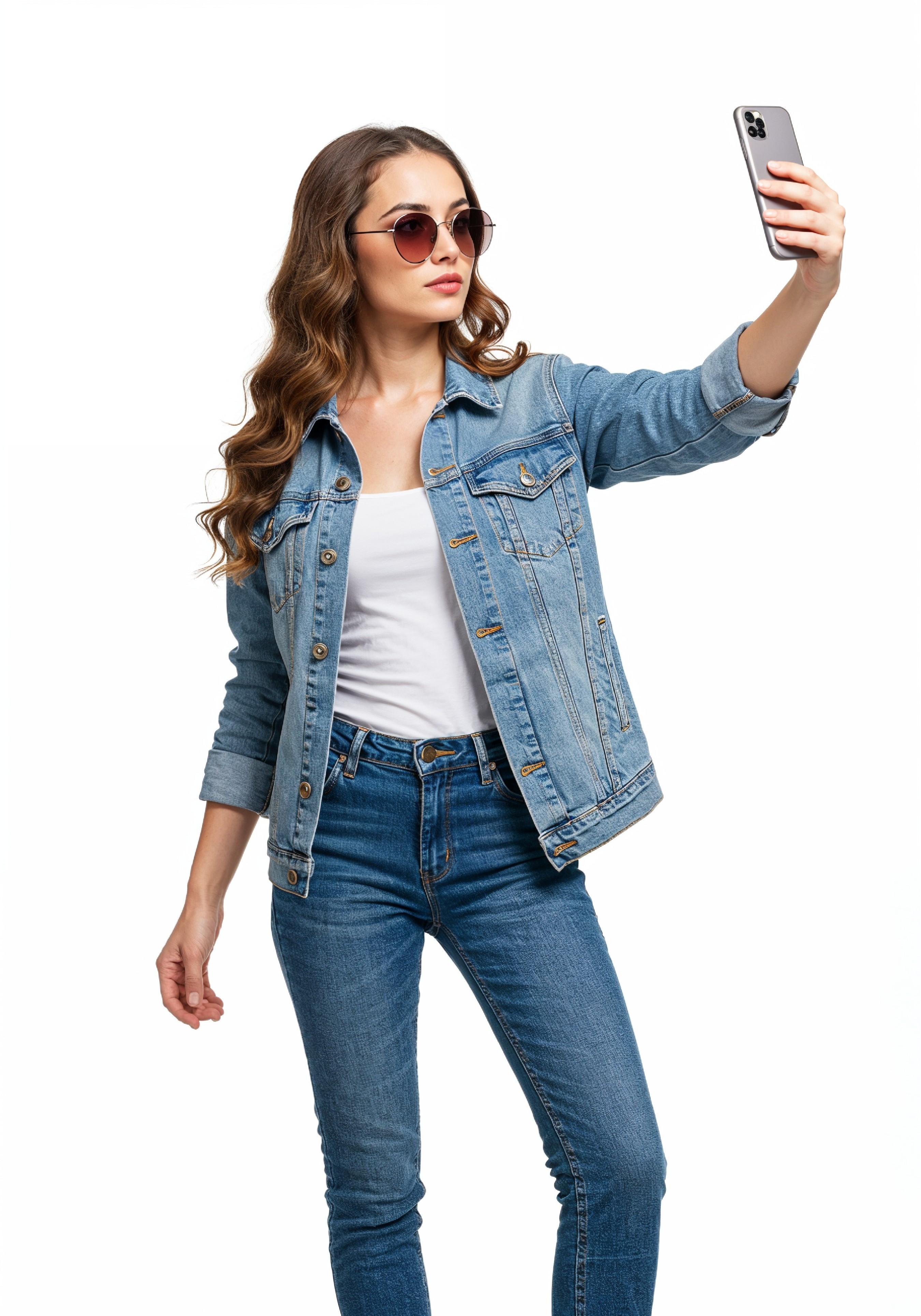 Stylish Young Woman in Denim Jacket and Jeans Casual Street Fashion Portrait