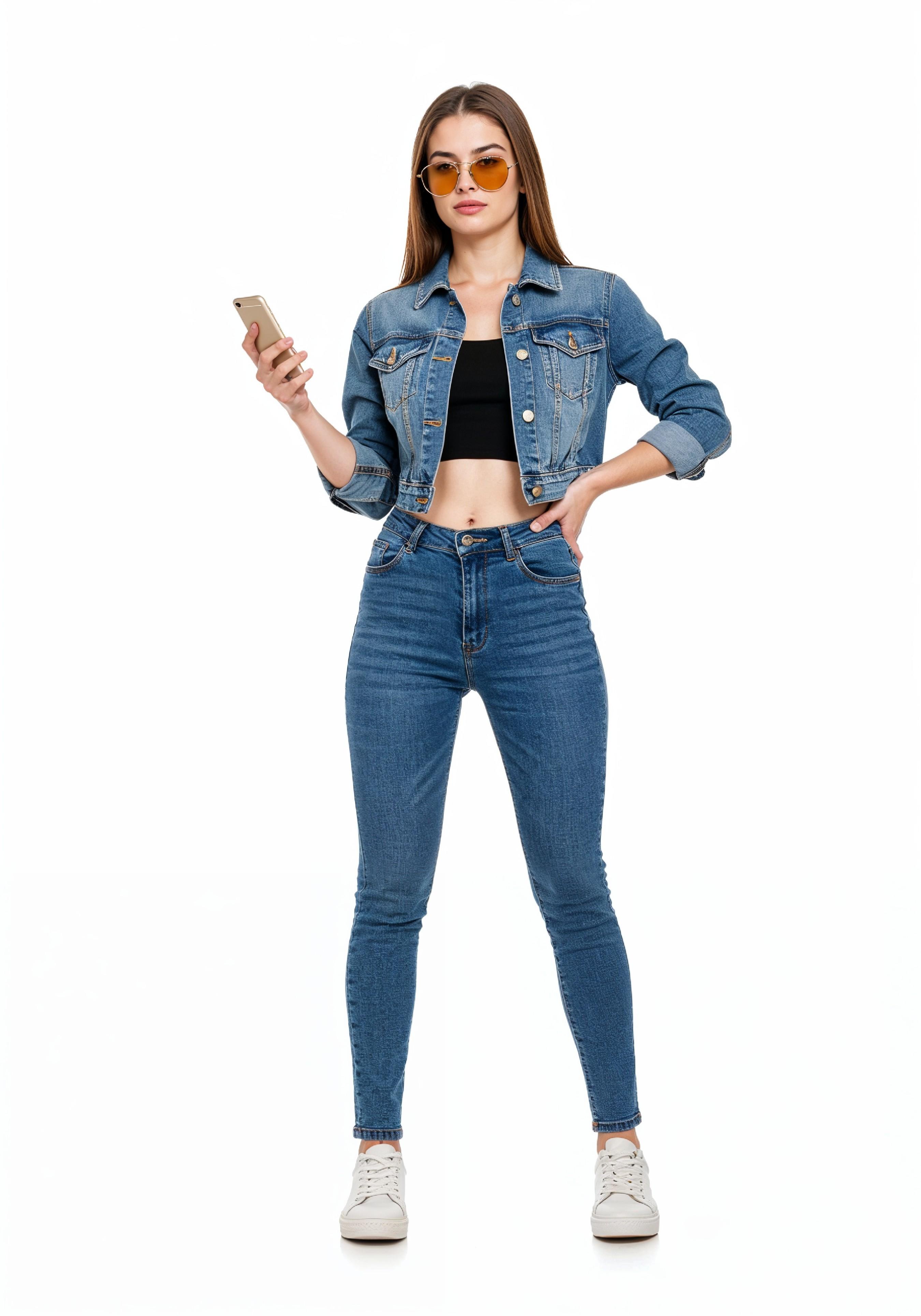 Stylish Young Woman in Denim Jacket and Jeans Casual Street Fashion Portrait