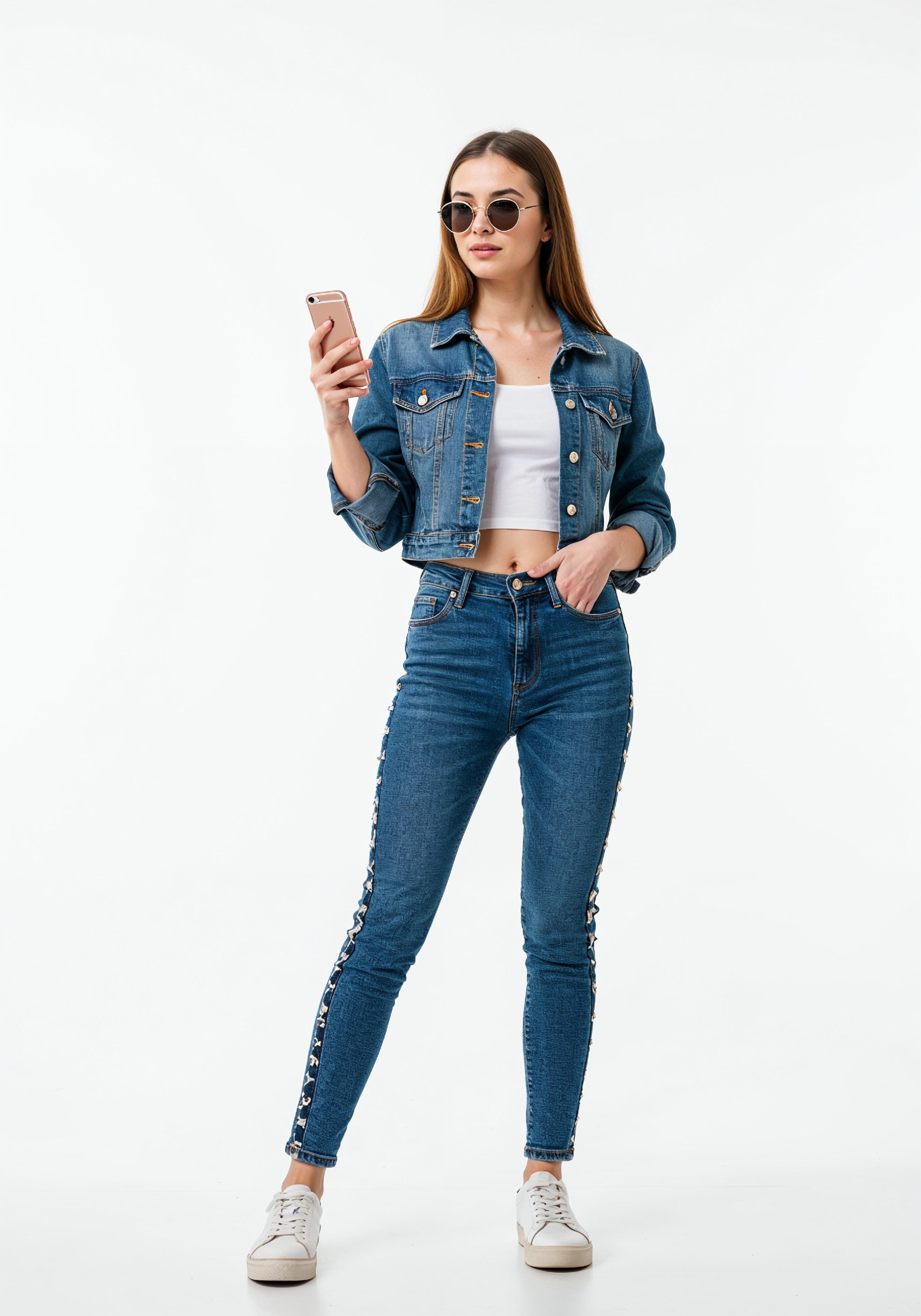 Stylish Young Woman in Denim Jacket and Jeans Casual Street Fashion Portrait