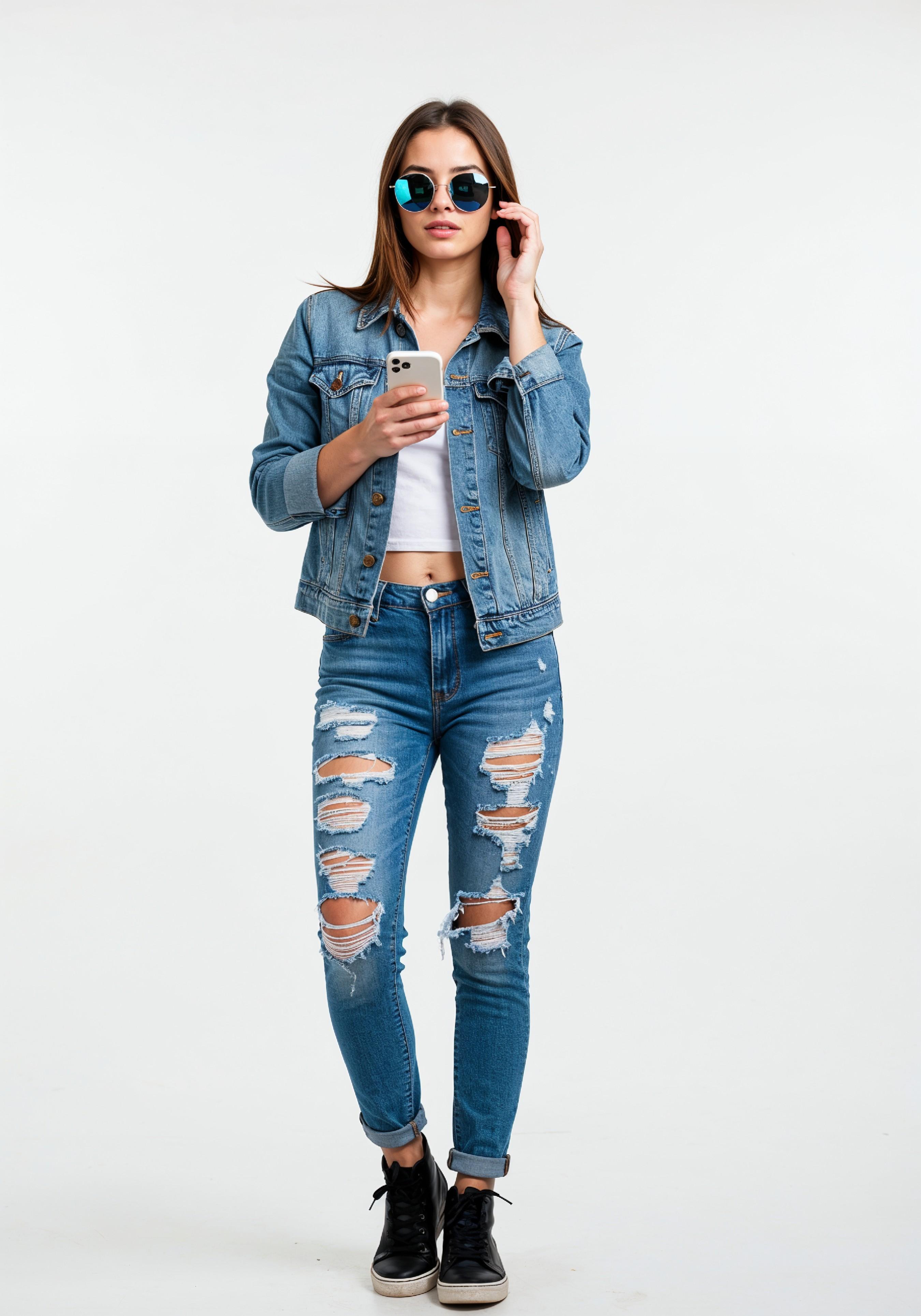 Stylish Young Woman in Denim Jacket and Jeans Casual Street Fashion Portrait