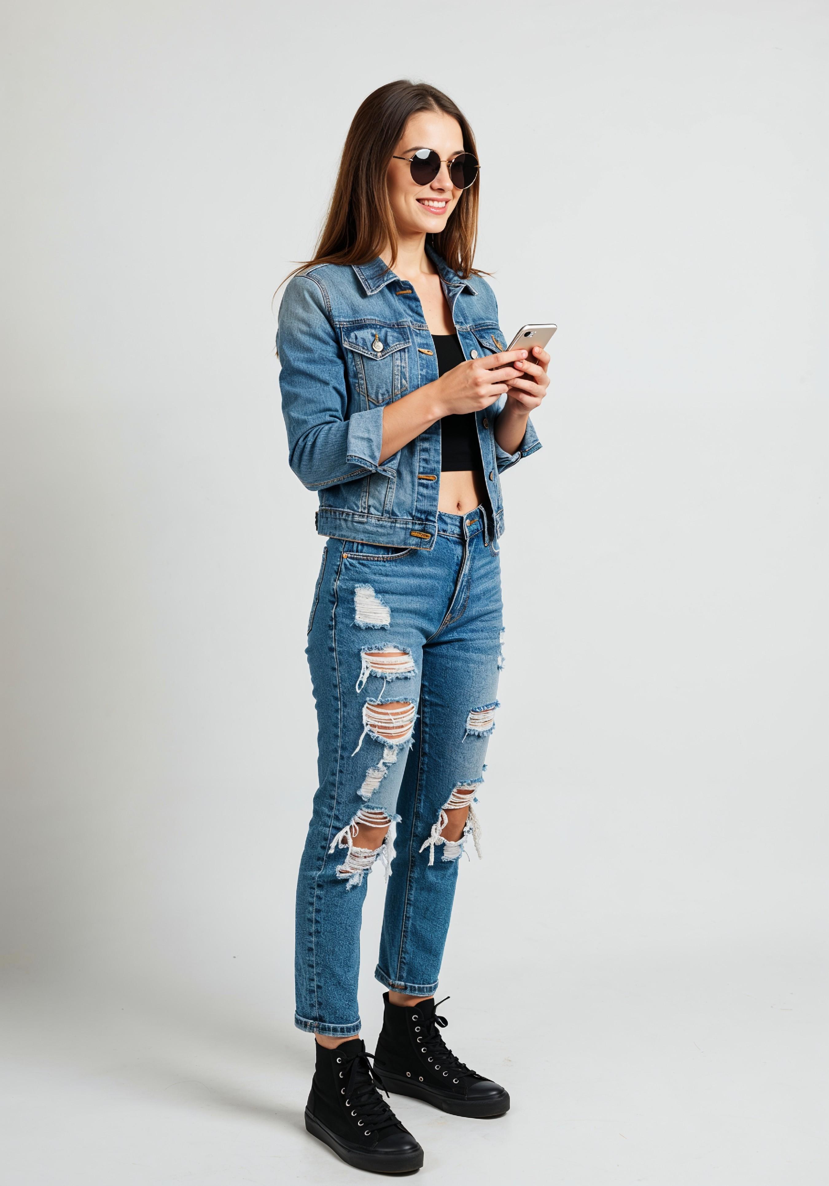 Stylish Young Woman in Denim Jacket and Jeans Casual Street Fashion Portrait