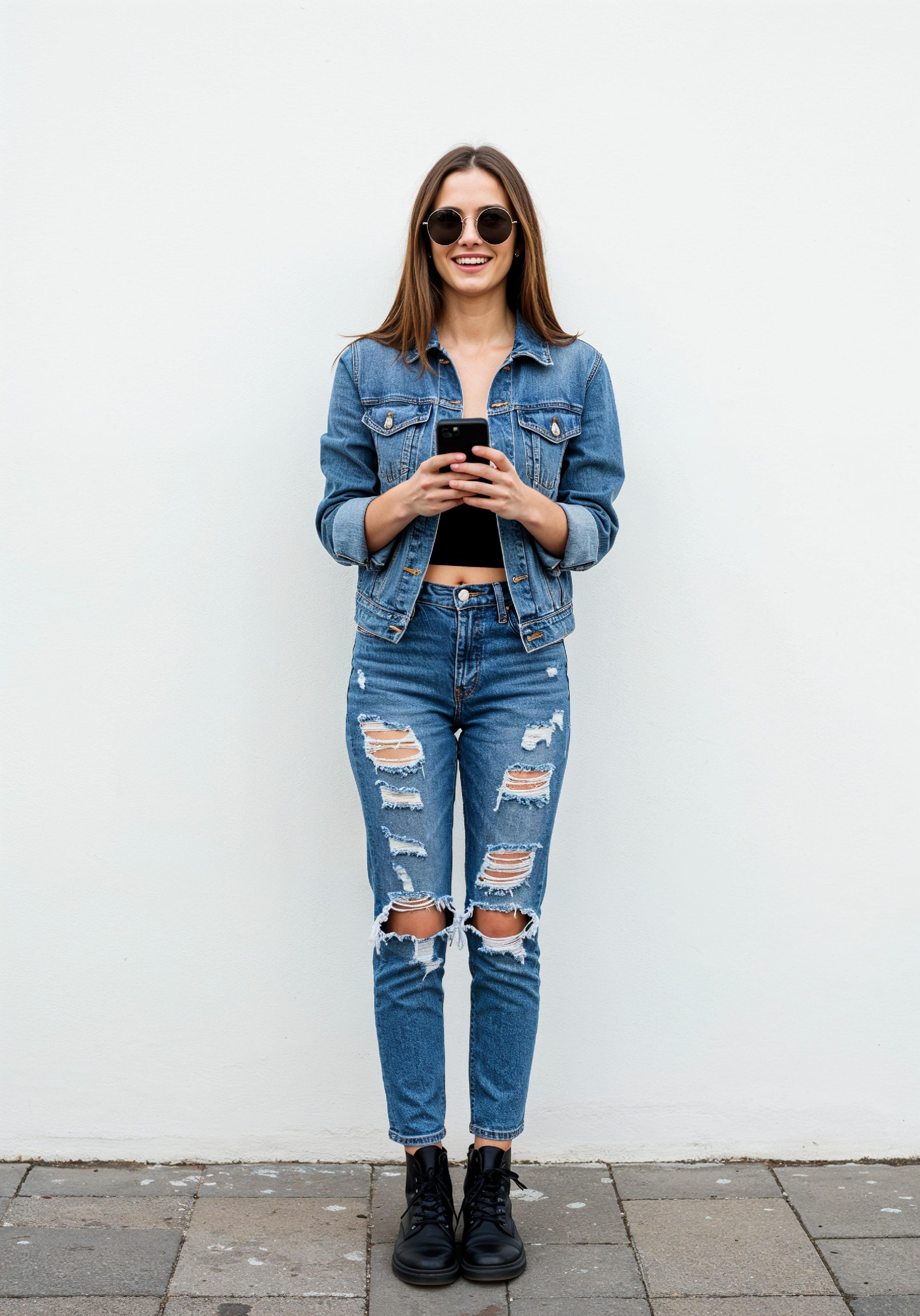 Stylish Young Woman in Denim Jacket and Jeans Casual Street Fashion Portrait