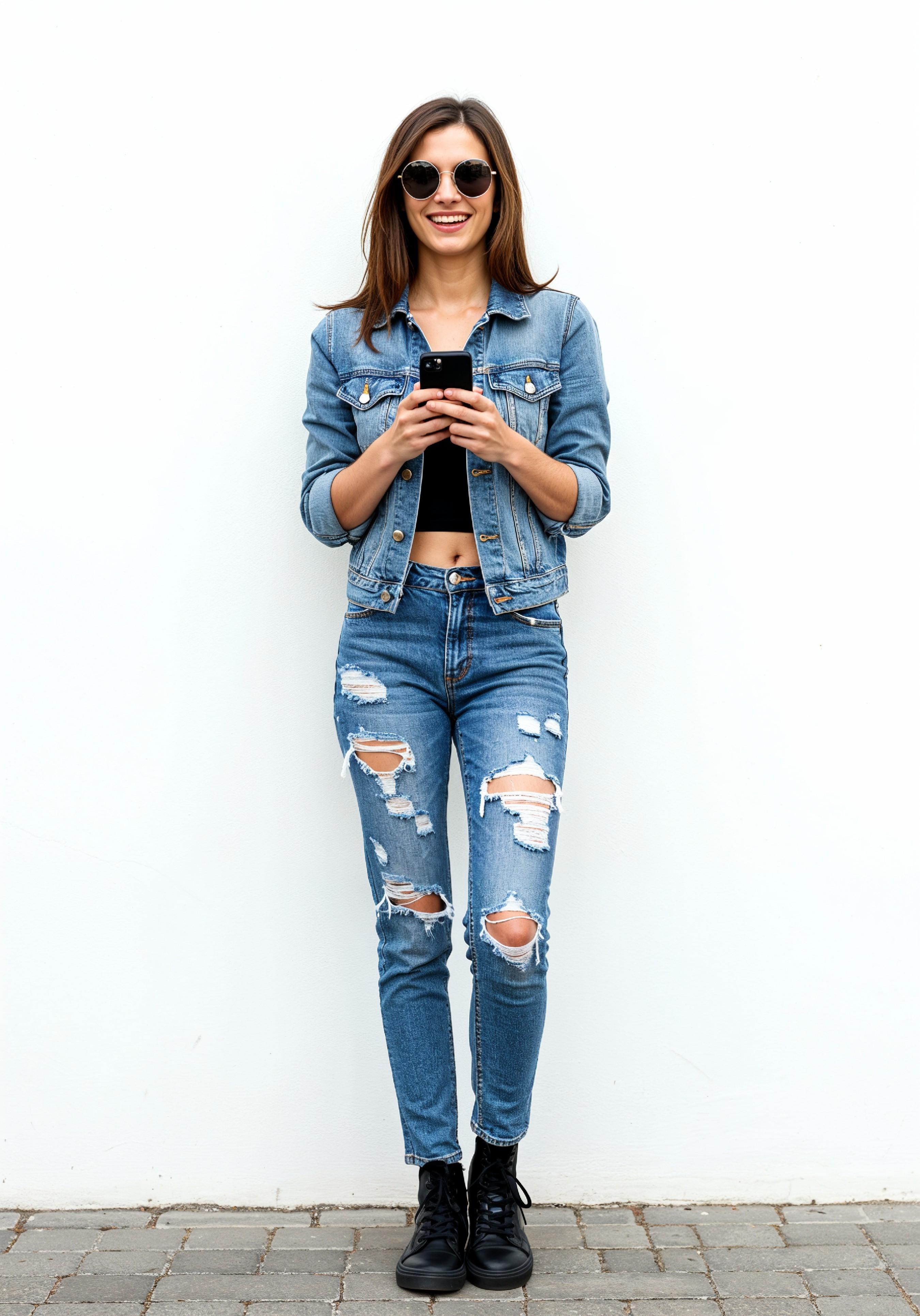 Stylish Young Woman in Denim Jacket and Jeans Casual Street Fashion Portrait