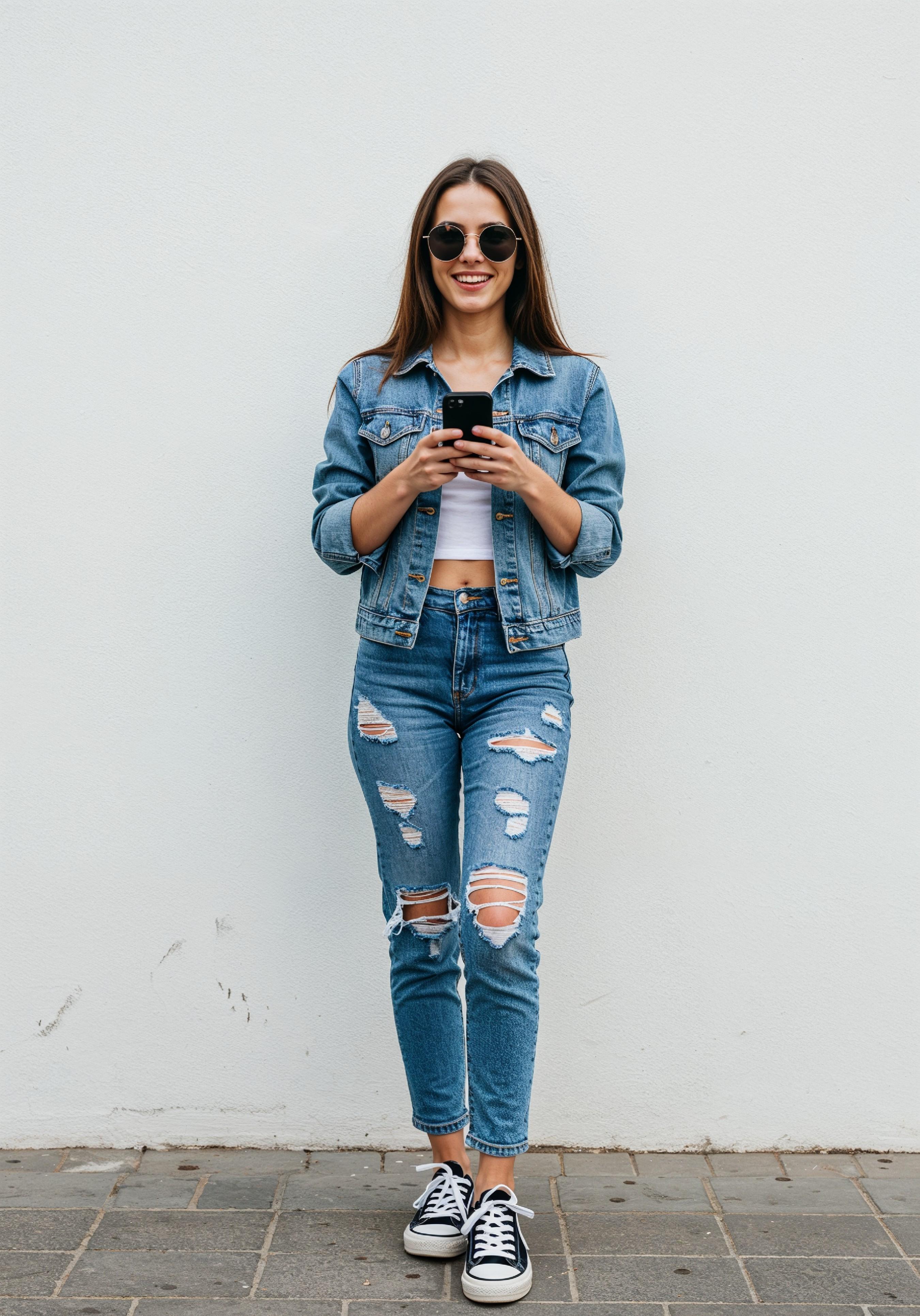 Stylish Young Woman in Denim Jacket and Jeans Casual Street Fashion Portrait