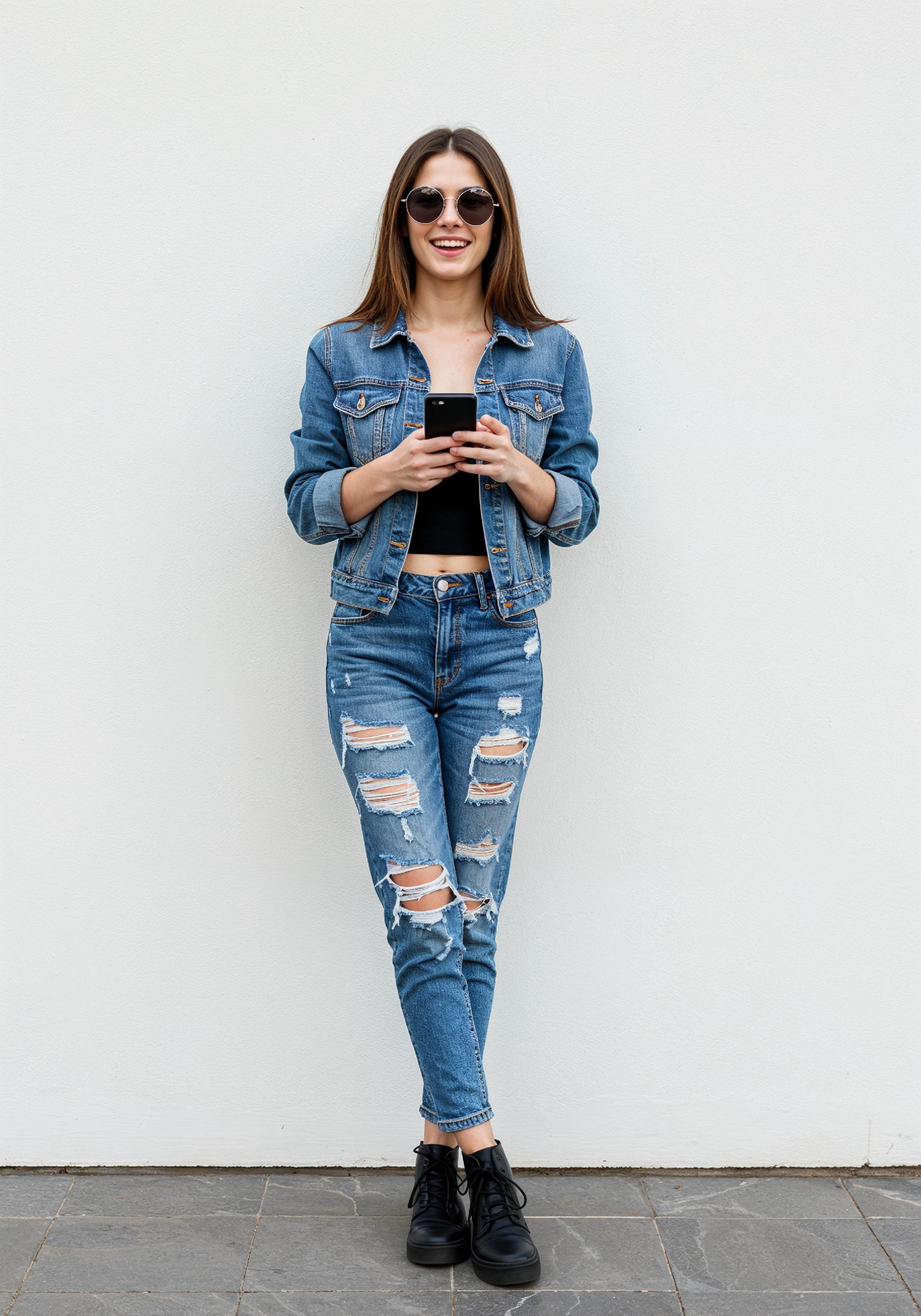 Stylish Young Woman in Denim Jacket and Jeans Casual Street Fashion Portrait