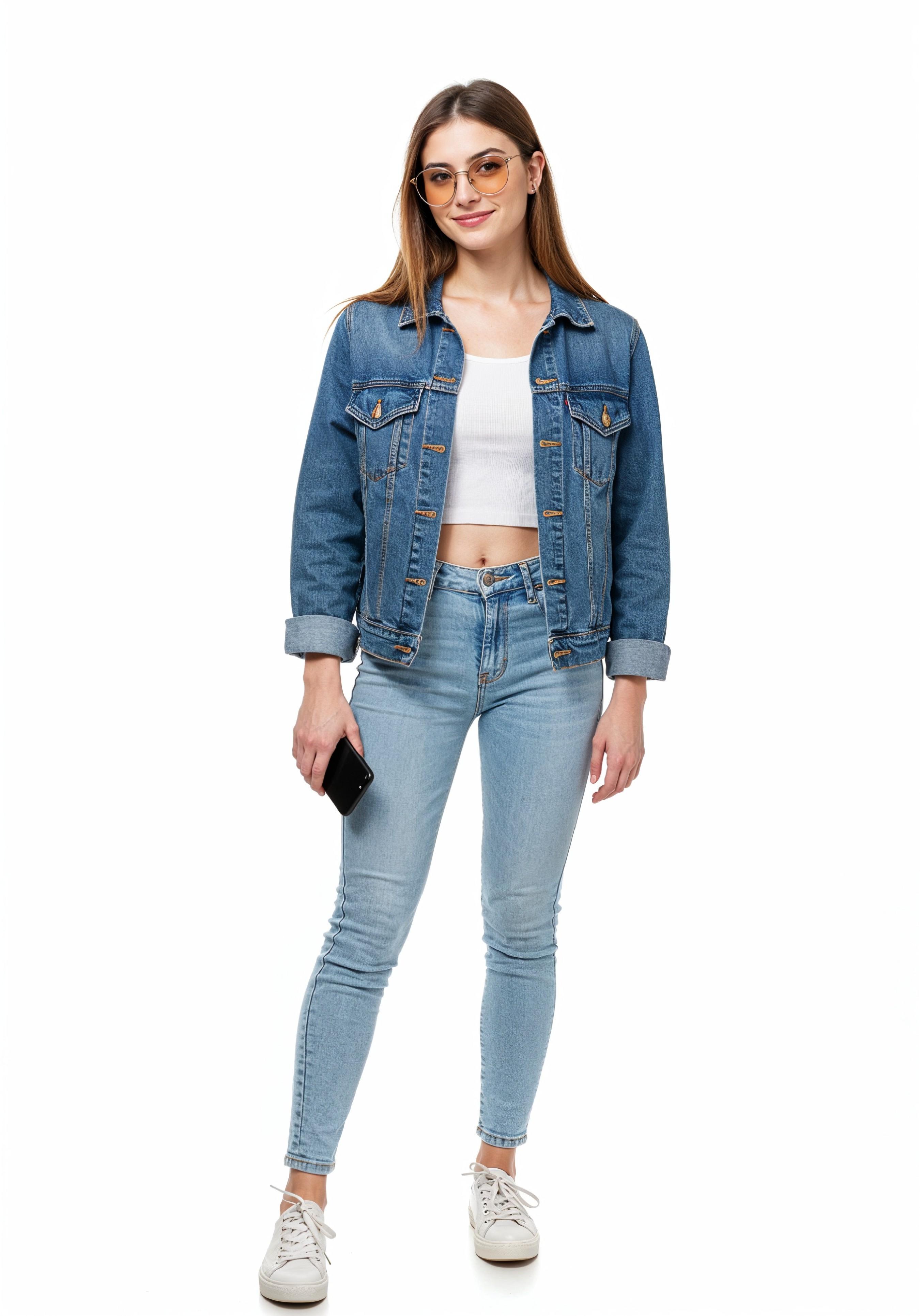 Stylish Young Woman in Denim Jacket and Jeans Casual Street Fashion Portrait