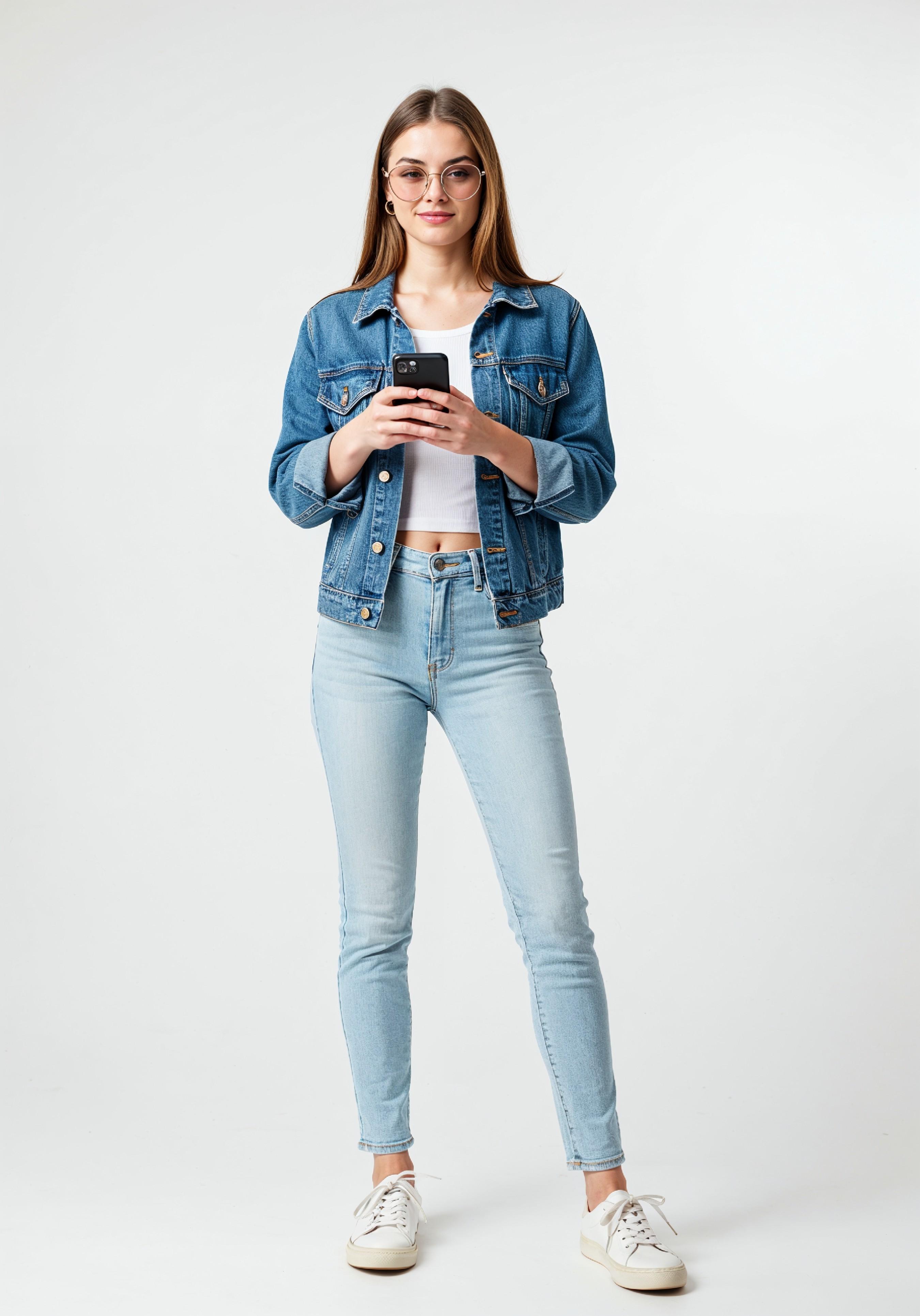Stylish Young Woman in Denim Jacket and Jeans Casual Street Fashion Portrait