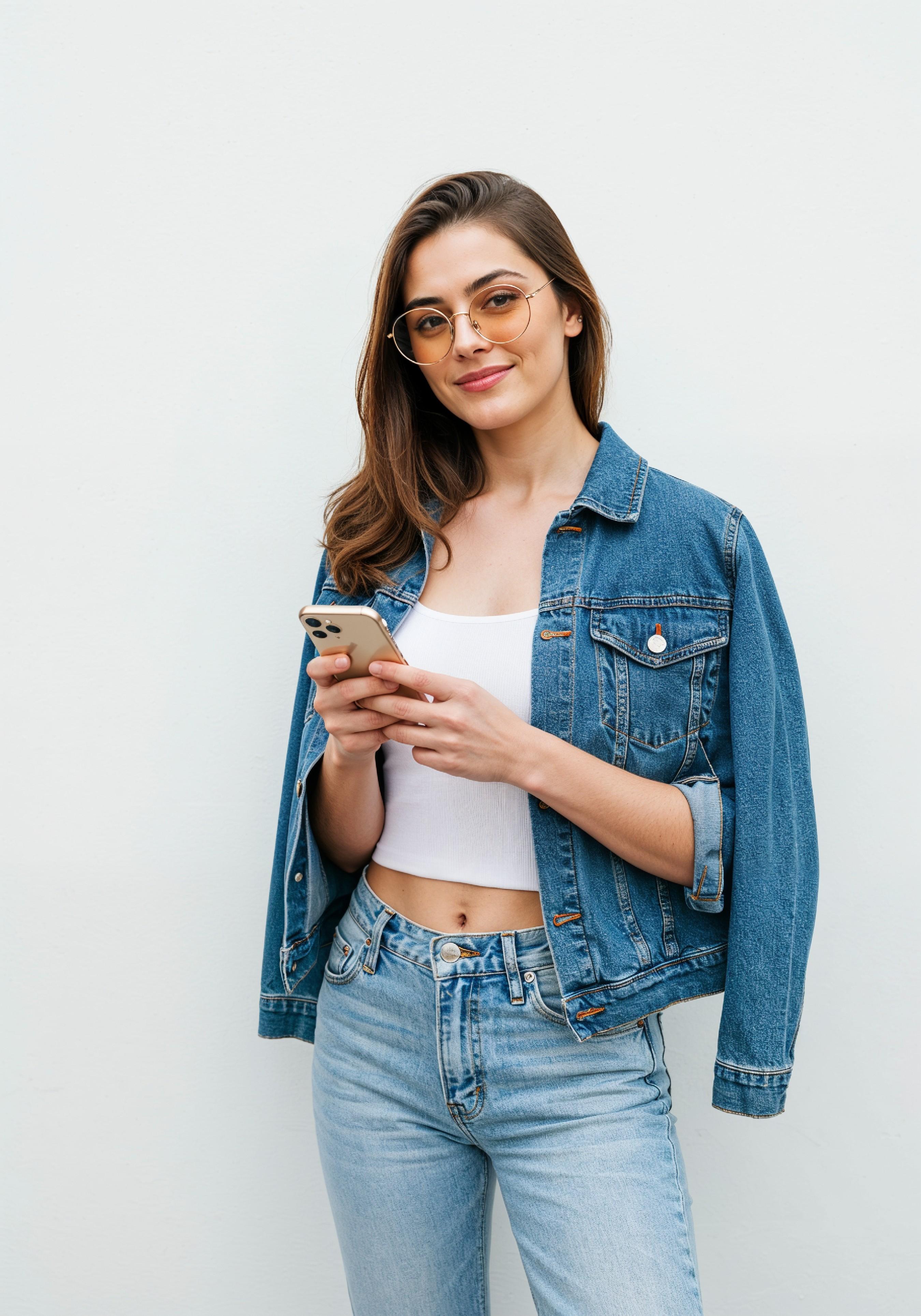 Stylish Young Woman in Denim Jacket and Jeans Casual Street Fashion Portrait
