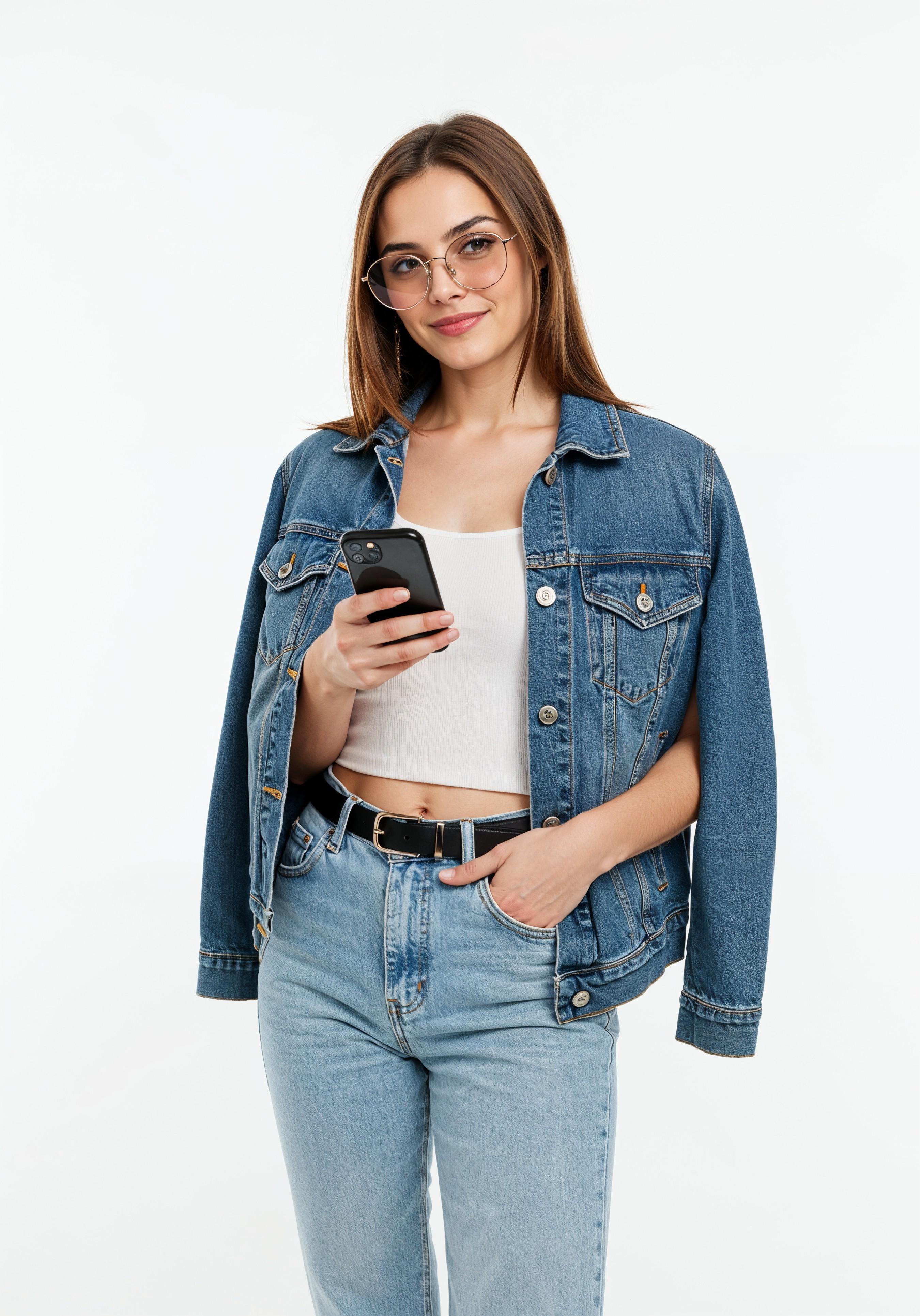 Stylish Young Woman in Denim Jacket and Jeans Casual Street Fashion Portrait