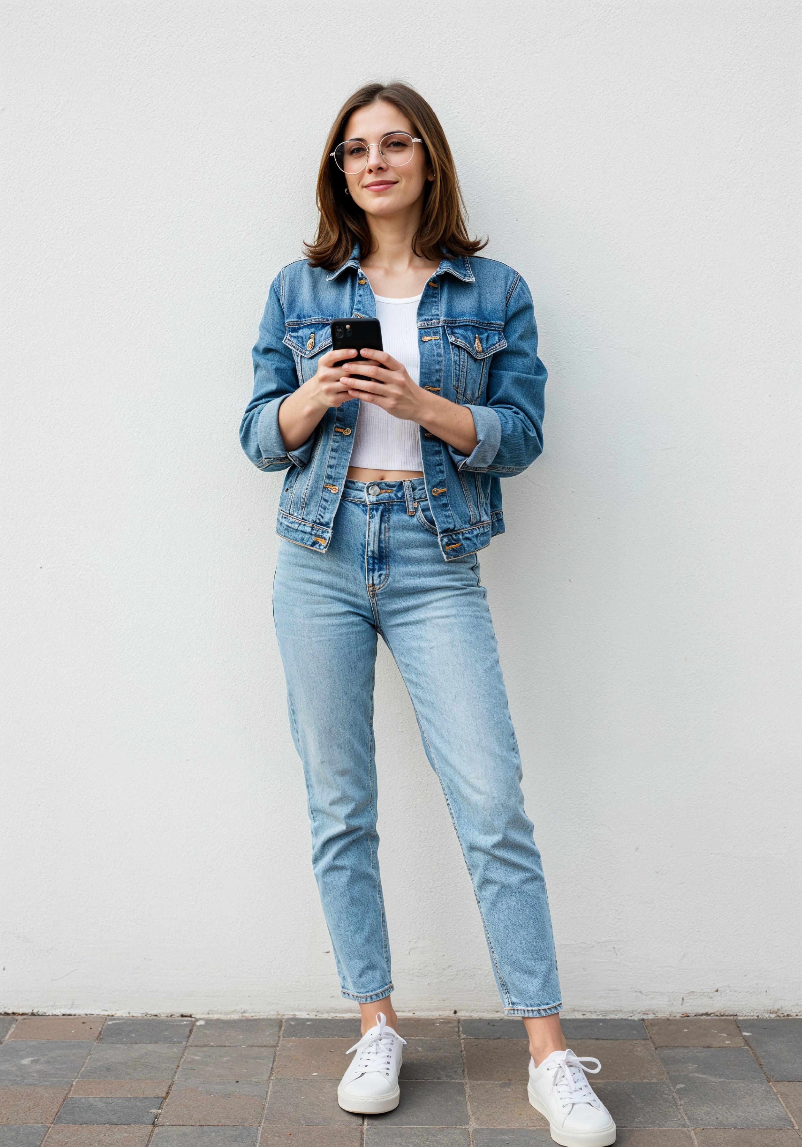 Stylish Young Woman in Denim Jacket and Jeans Casual Street Fashion Portrait
