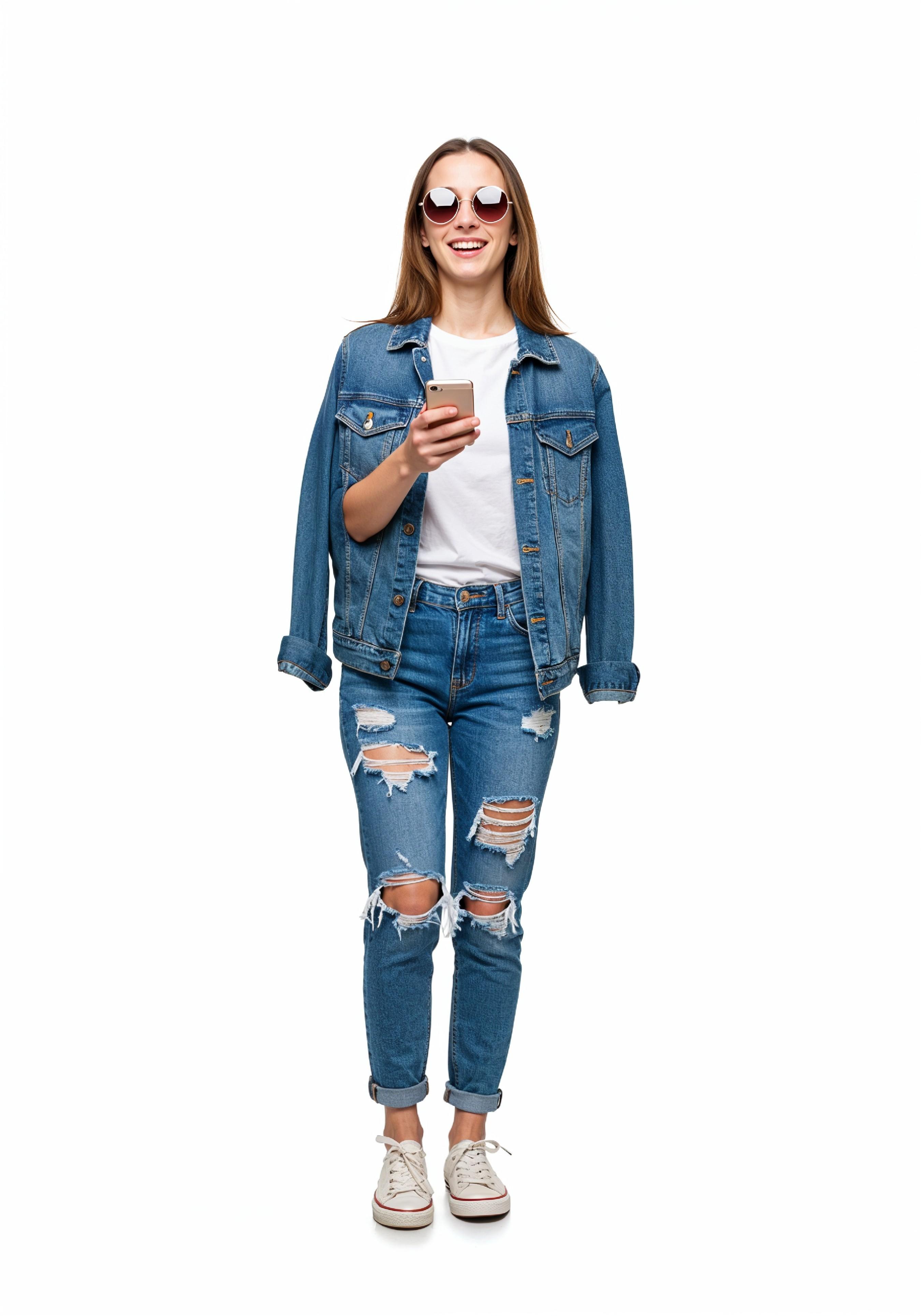 Stylish Young Woman in Denim Jacket and Jeans Casual Street Fashion Portrait