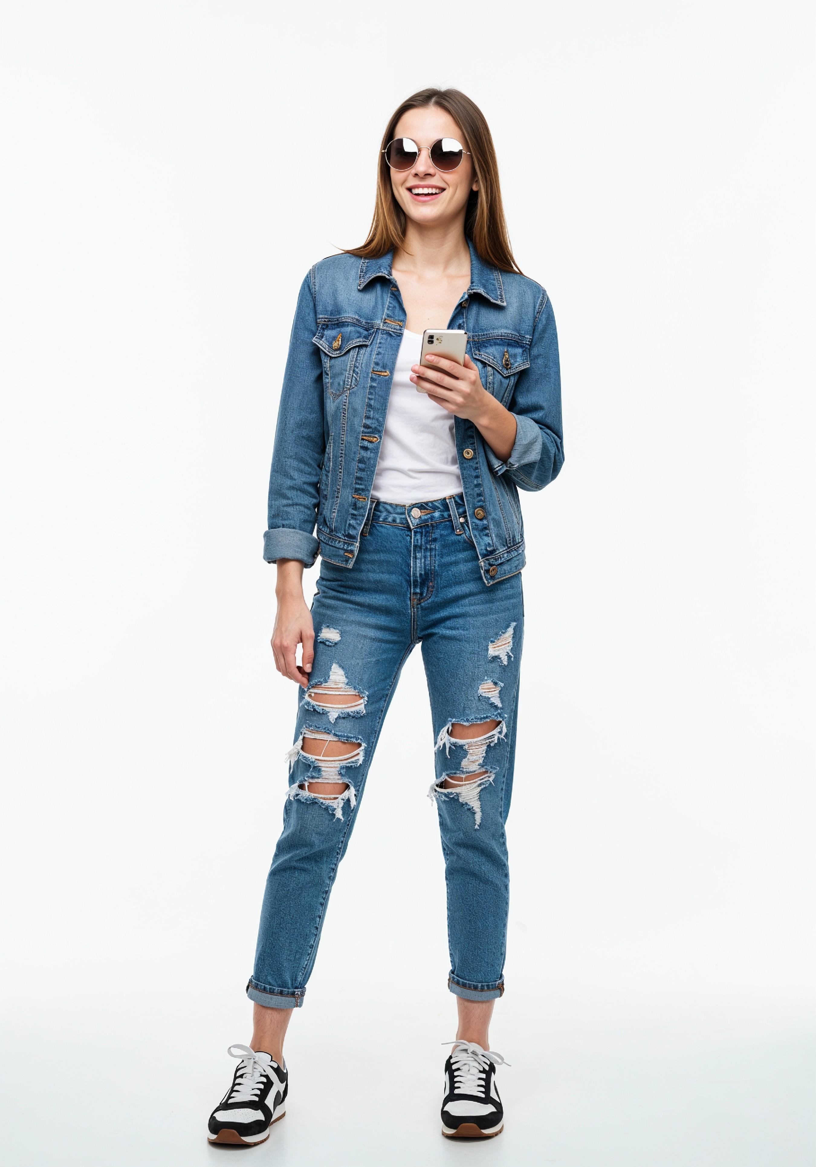 Stylish Young Woman in Denim Jacket and Jeans Casual Street Fashion Portrait