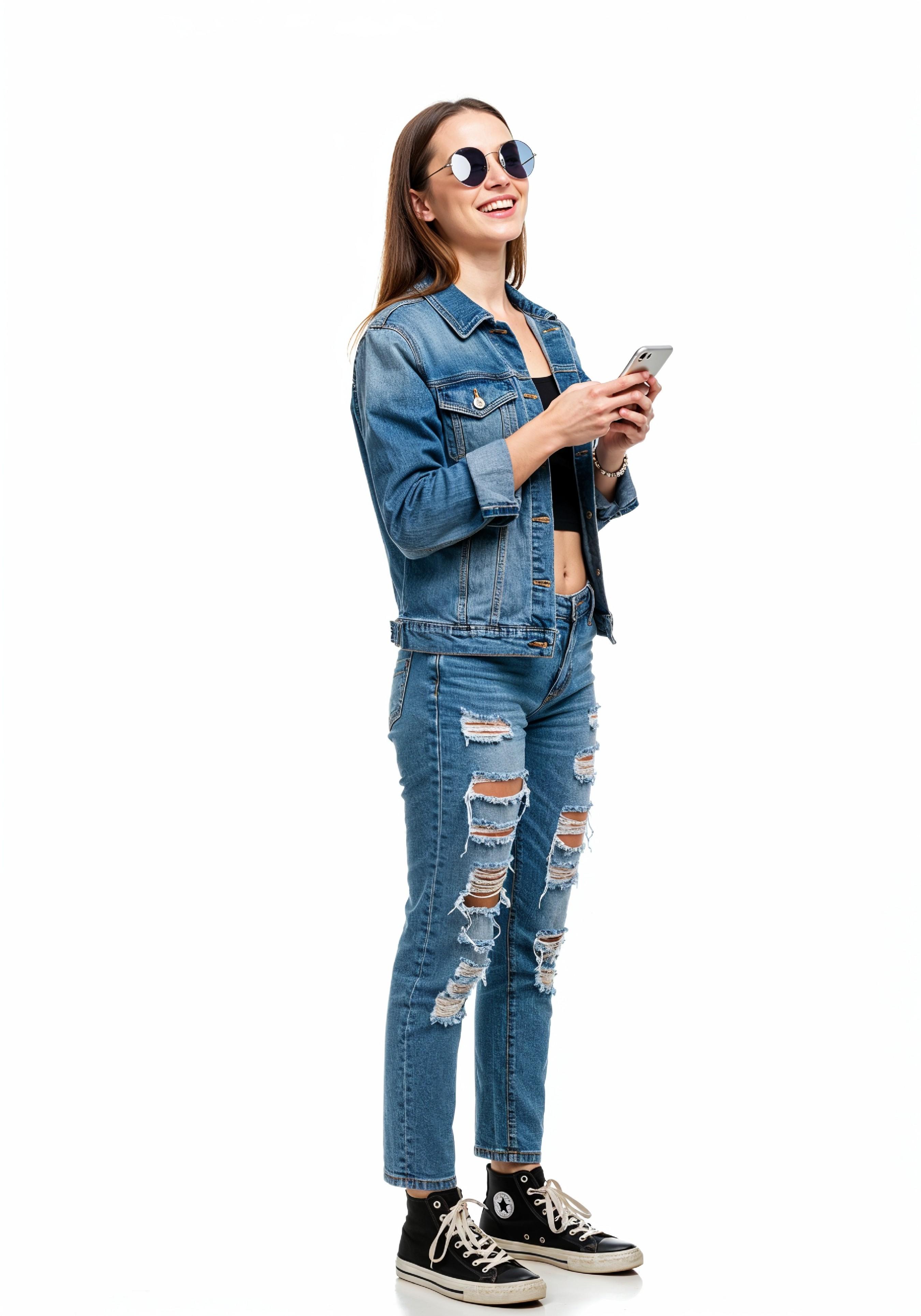 Stylish Young Woman in Denim Jacket and Jeans Casual Street Fashion Portrait