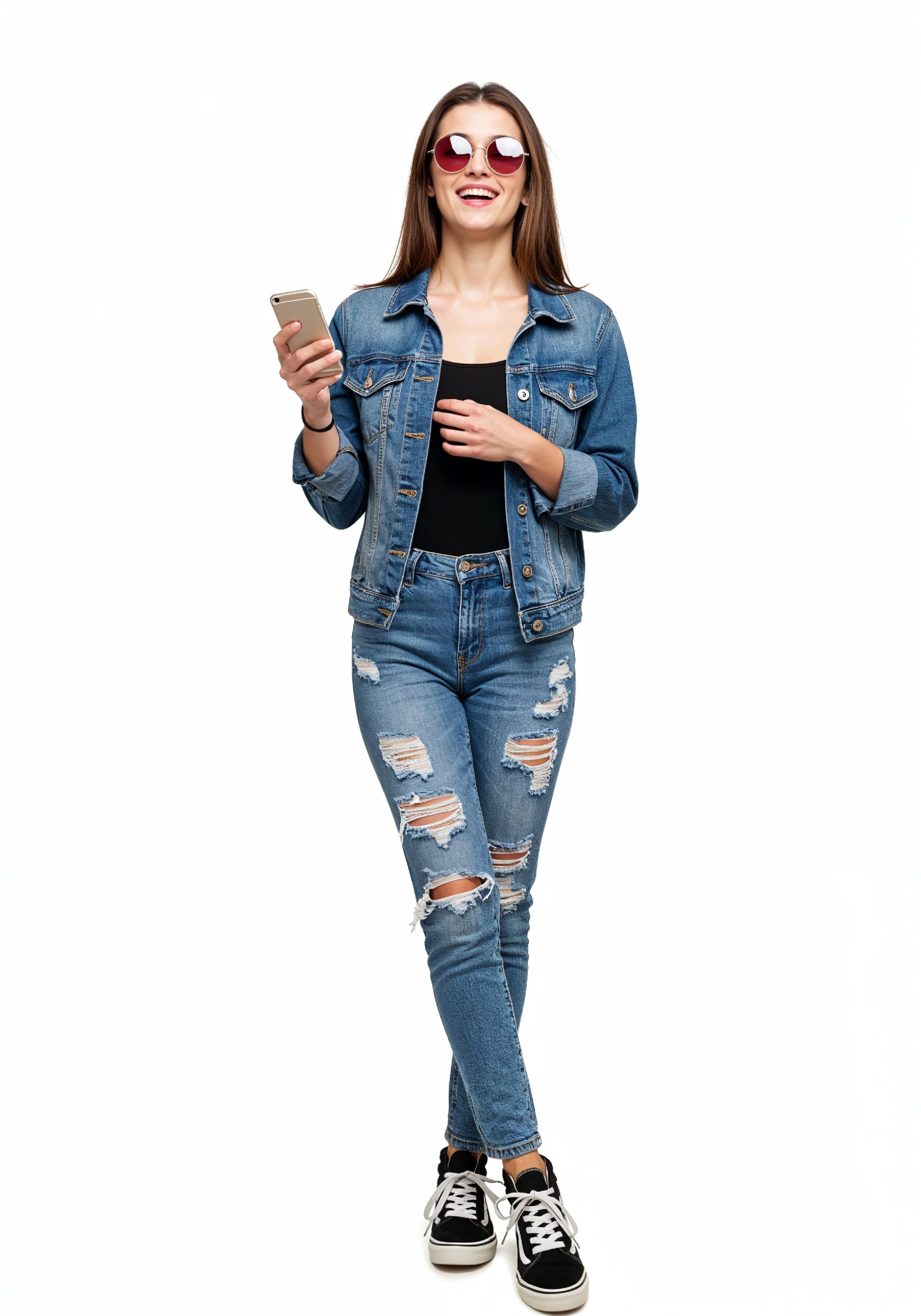 Stylish Young Woman in Denim Jacket and Jeans Casual Street Fashion Portrait