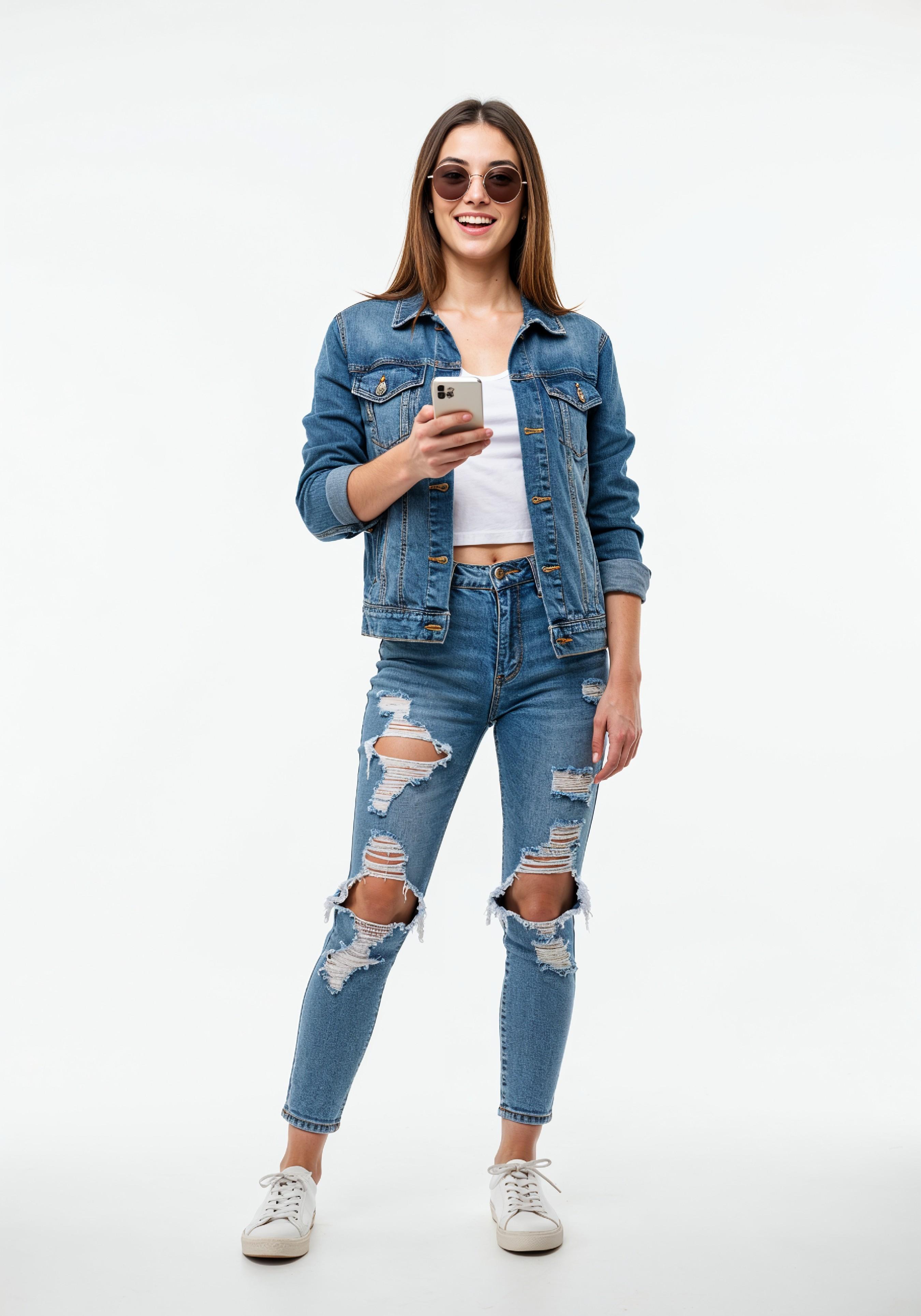 Stylish Young Woman in Denim Jacket and Jeans Casual Street Fashion Portrait