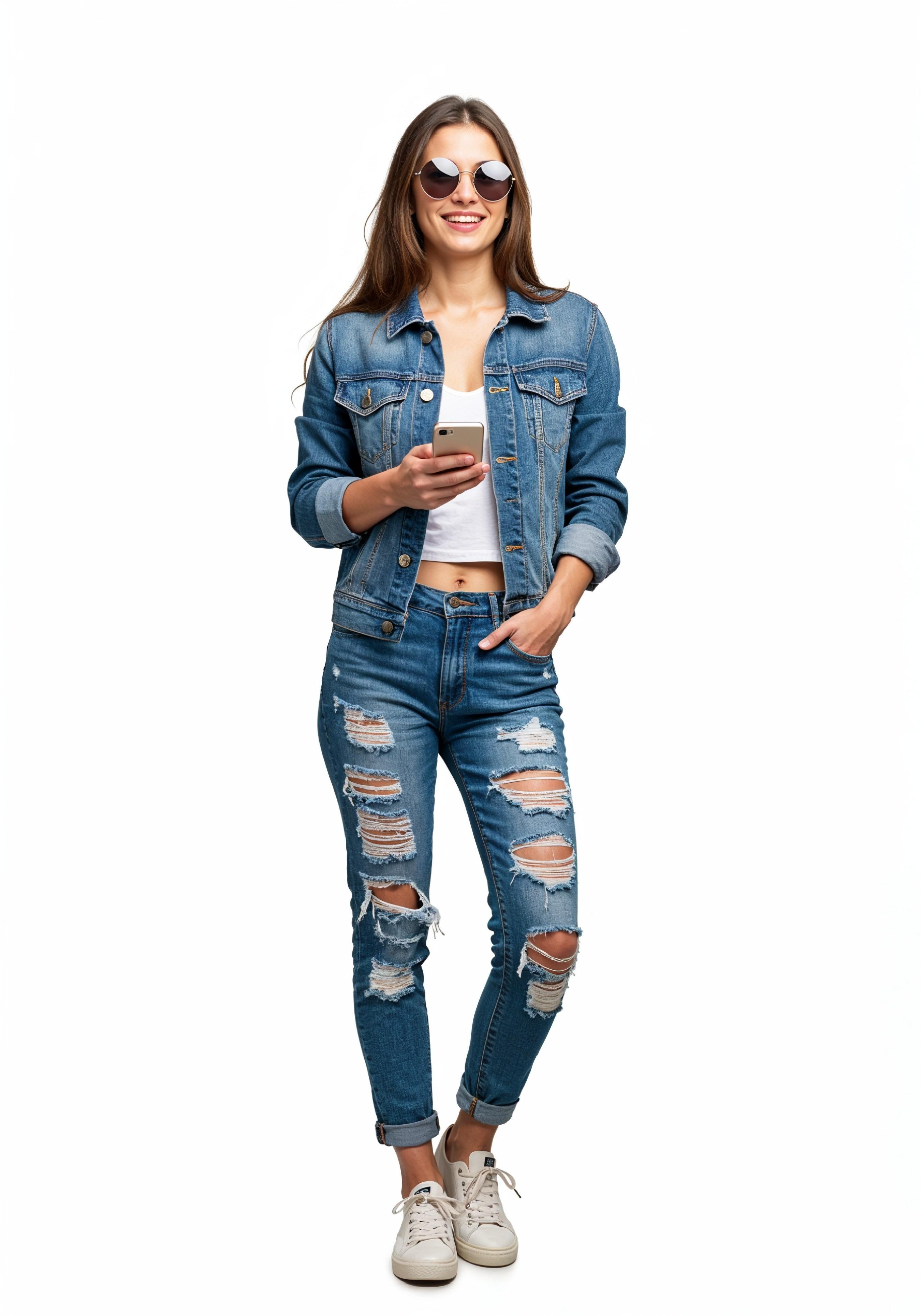 Stylish Young Woman in Denim Jacket and Jeans Casual Street Fashion Portrait
