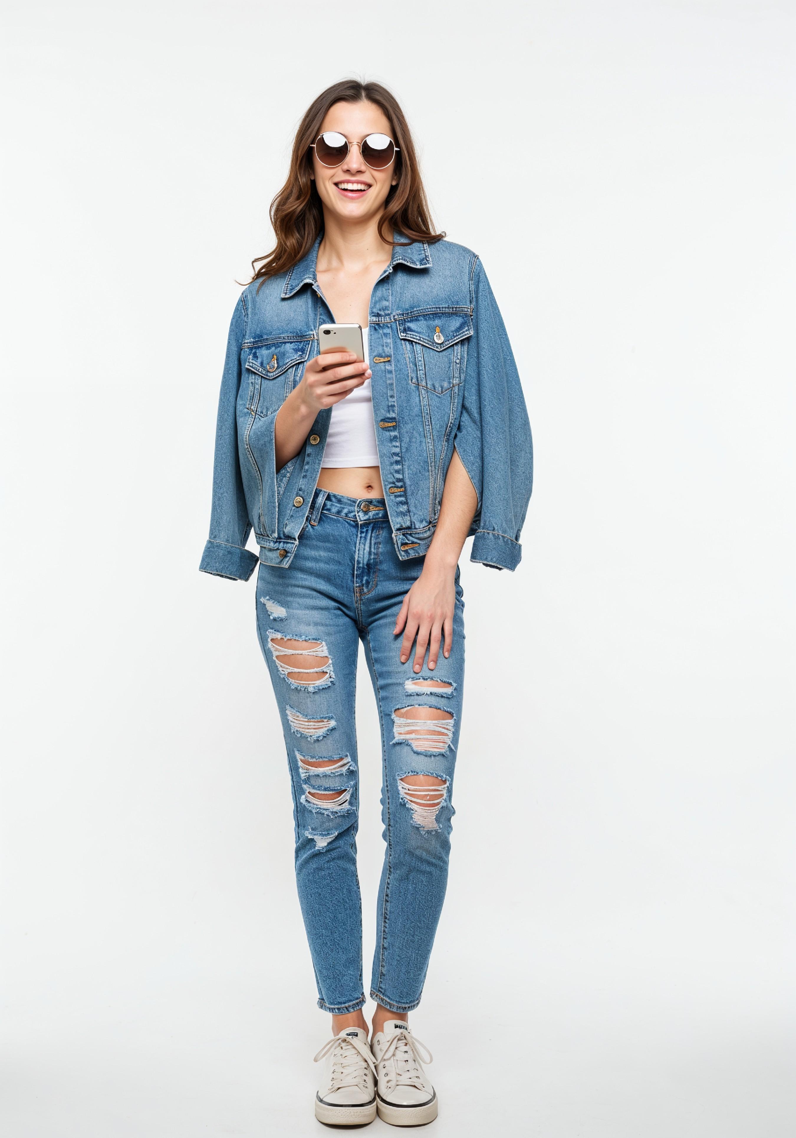 Stylish Young Woman in Denim Jacket and Jeans Casual Street Fashion Portrait