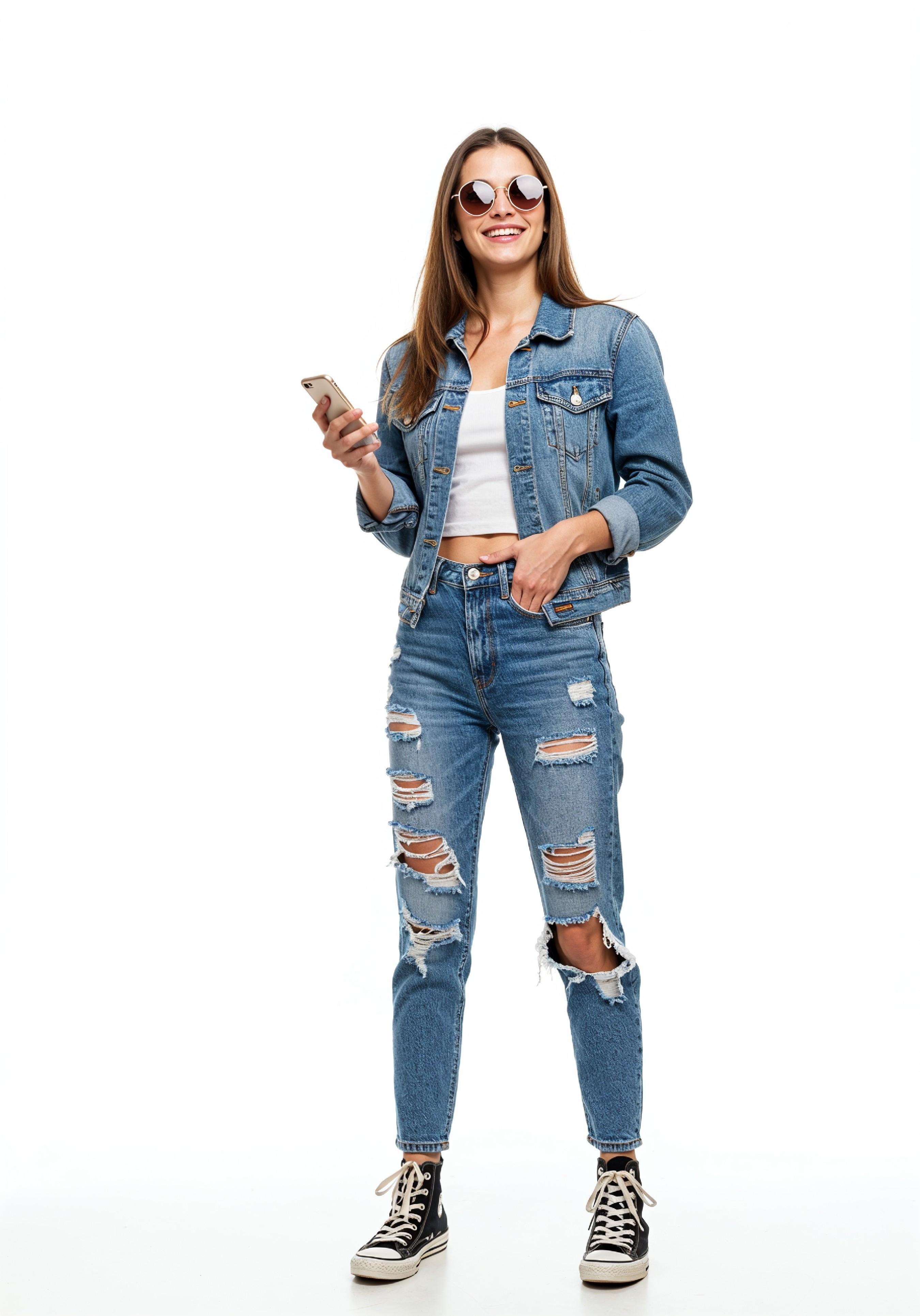 Stylish Young Woman in Denim Jacket and Jeans Casual Street Fashion Portrait
