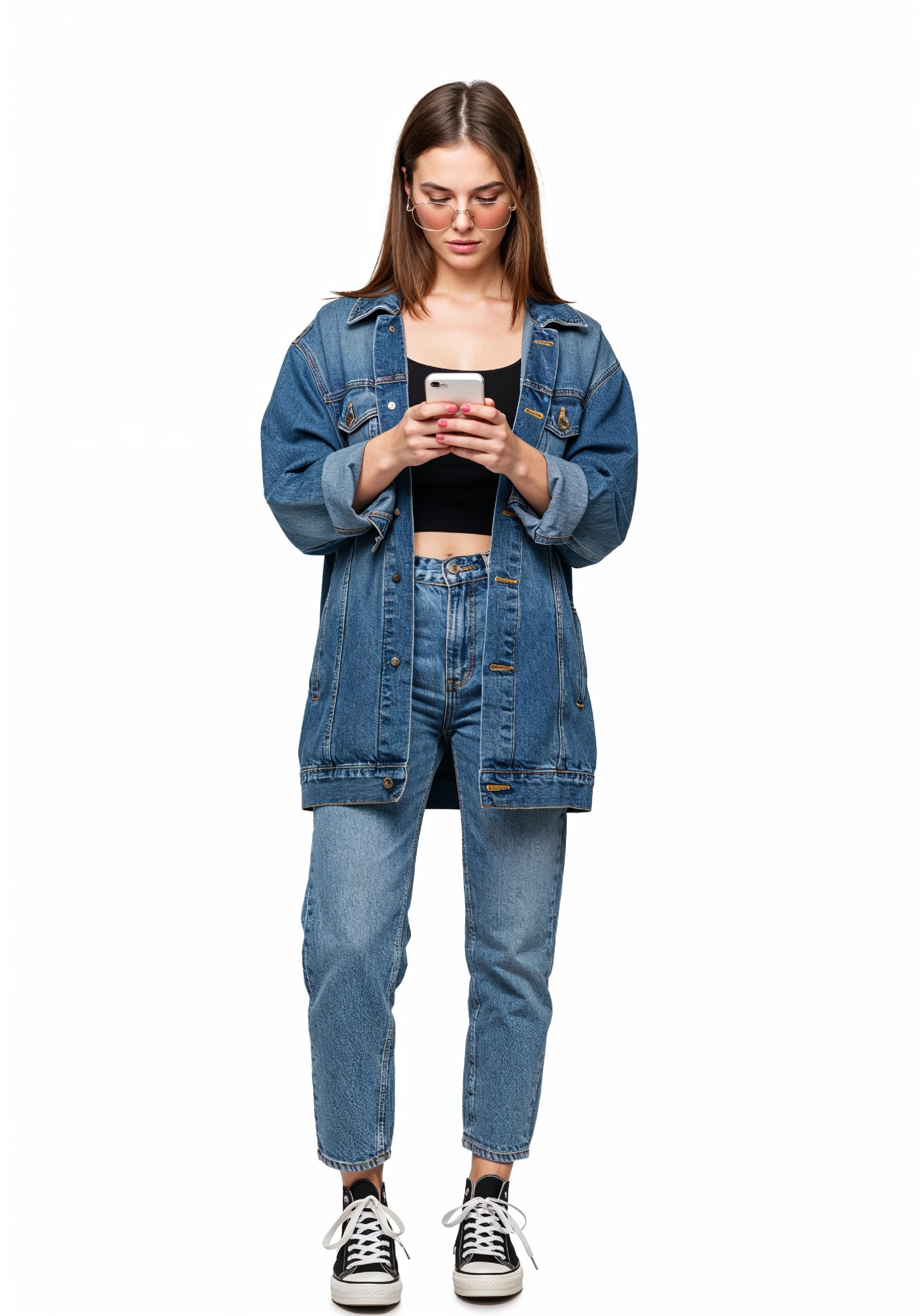 Stylish Young Woman in Denim Jacket and Jeans Casual Street Fashion Portrait