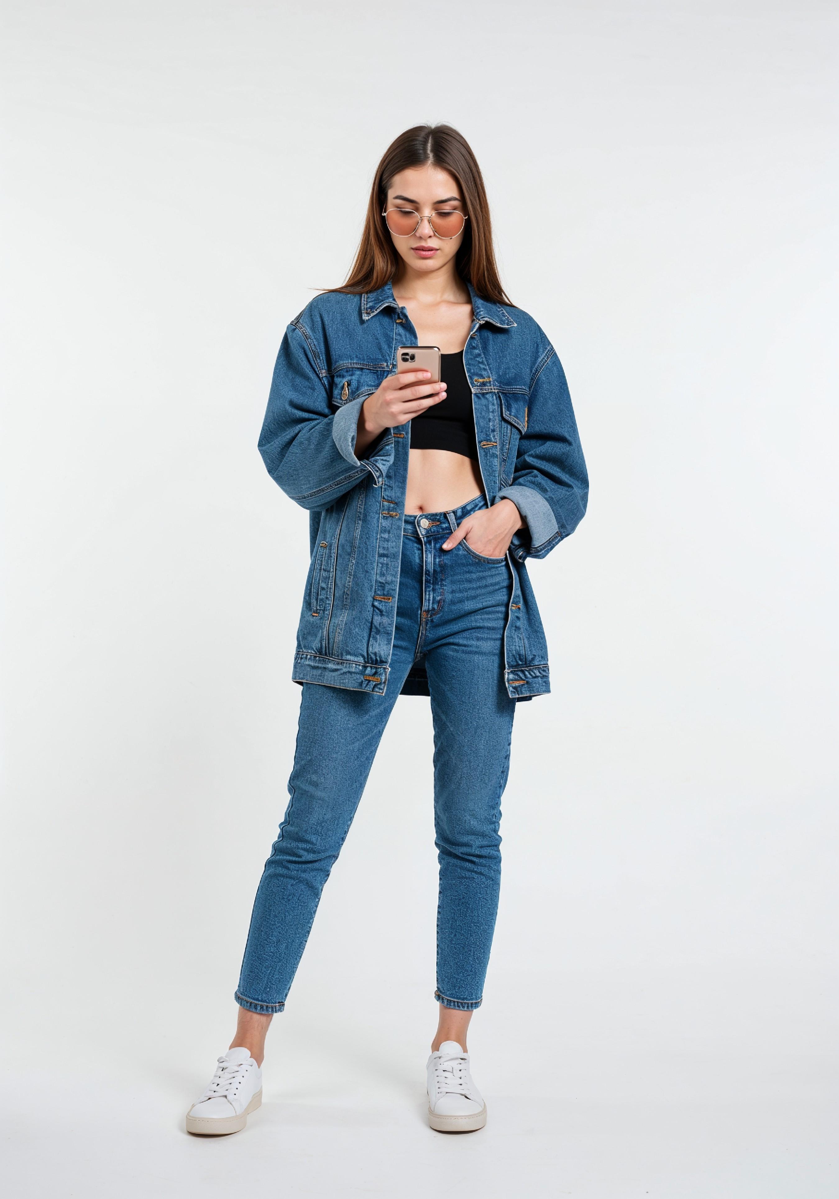 Stylish Young Woman in Denim Jacket and Jeans Casual Street Fashion Portrait