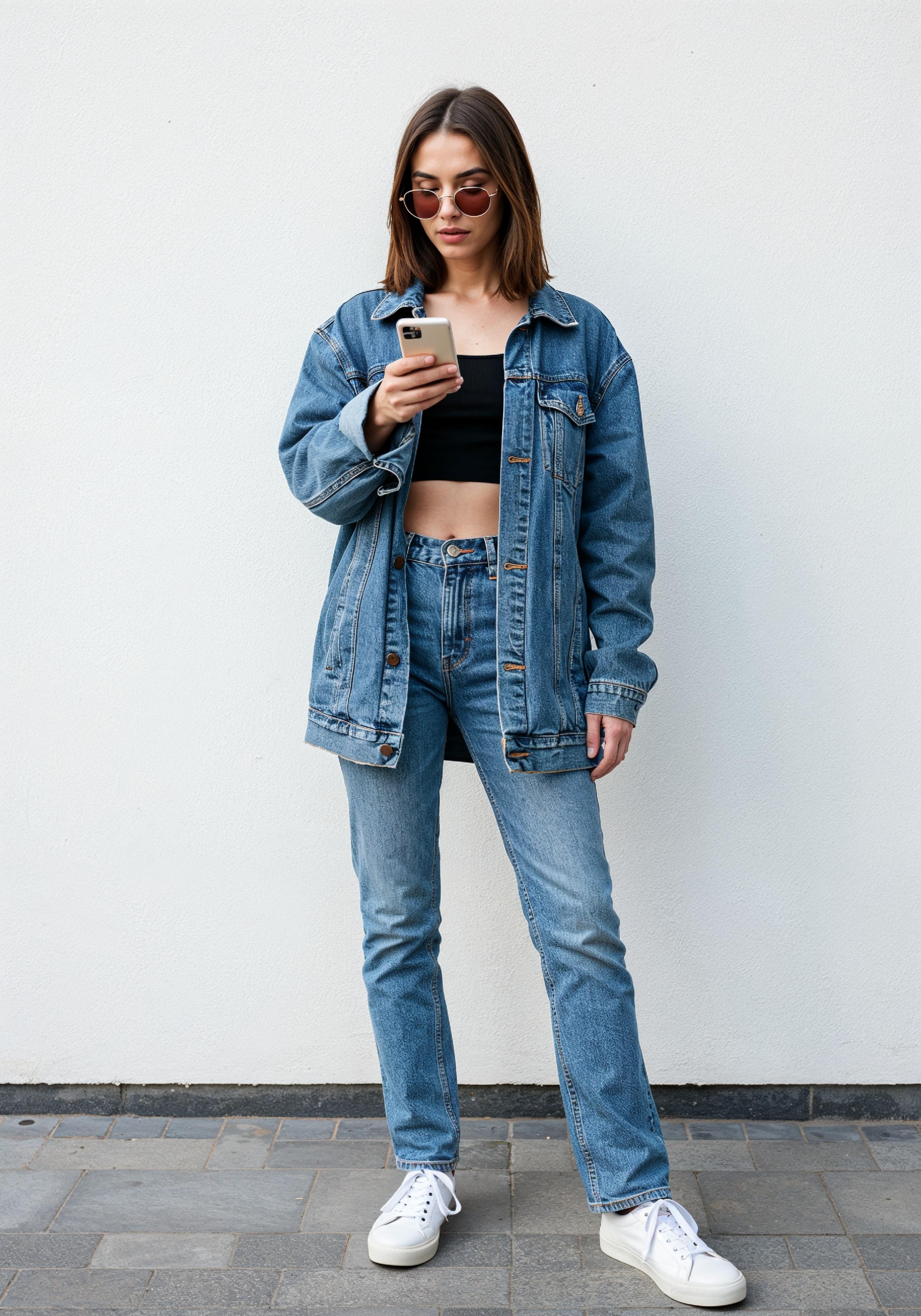 Stylish Young Woman in Denim Jacket and Jeans Casual Street Fashion Portrait