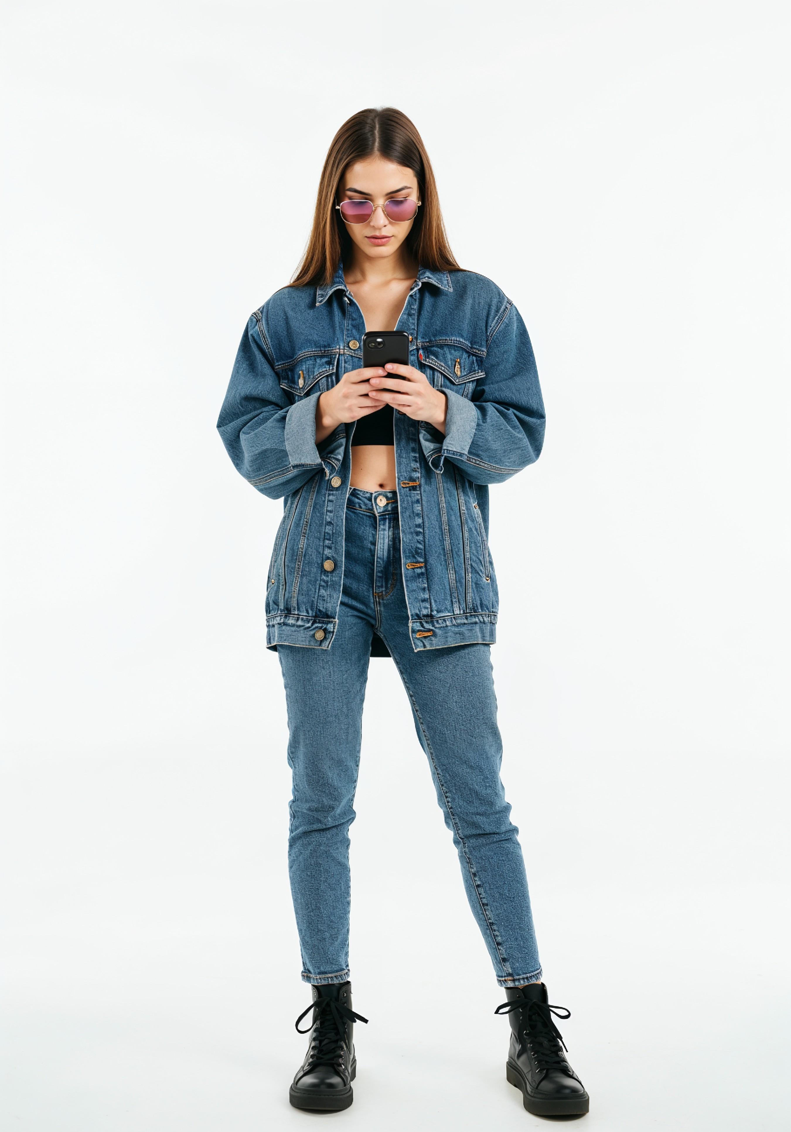 Stylish Young Woman in Denim Jacket and Jeans Casual Street Fashion Portrait