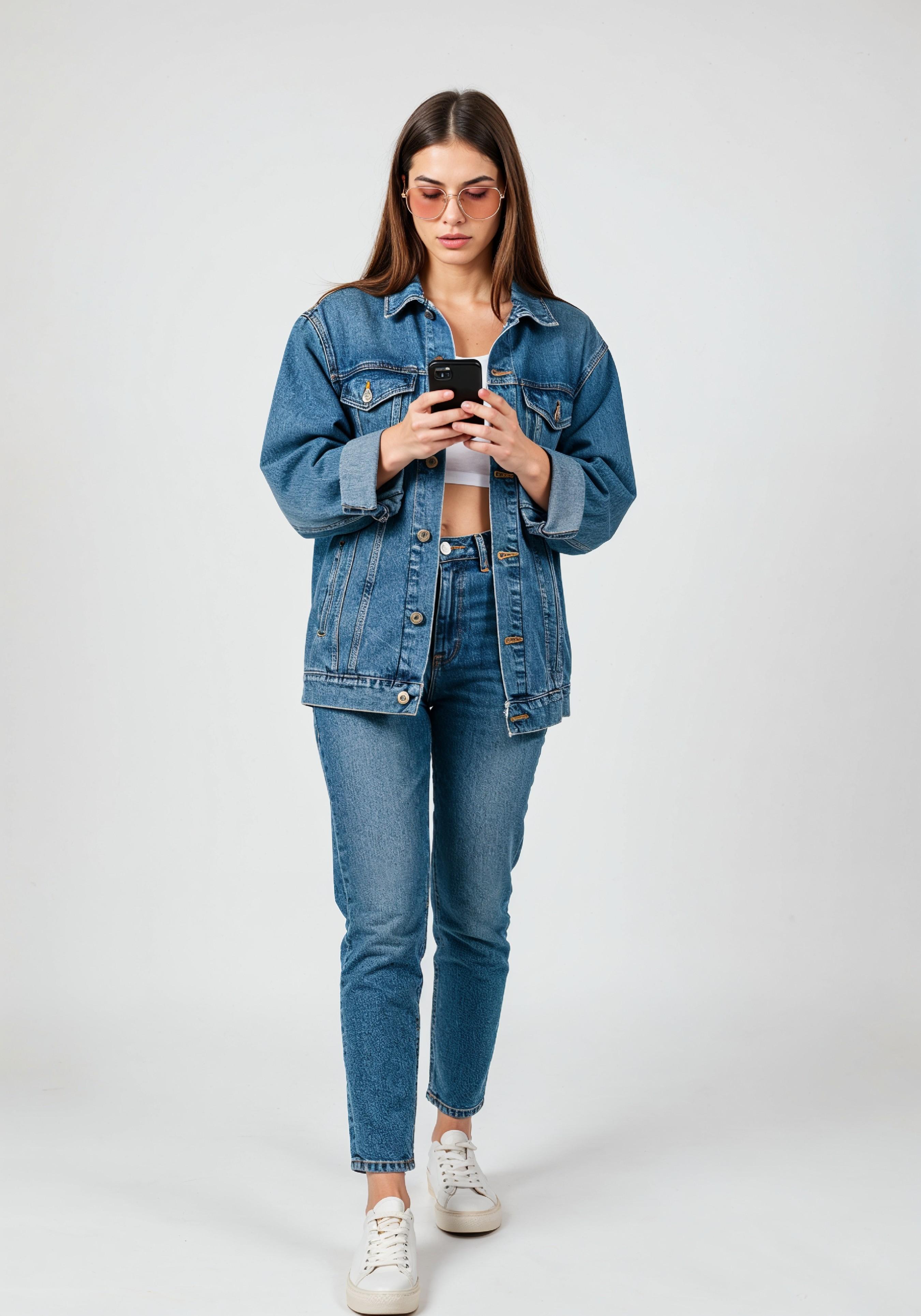 Stylish Young Woman in Denim Jacket and Jeans Casual Street Fashion Portrait