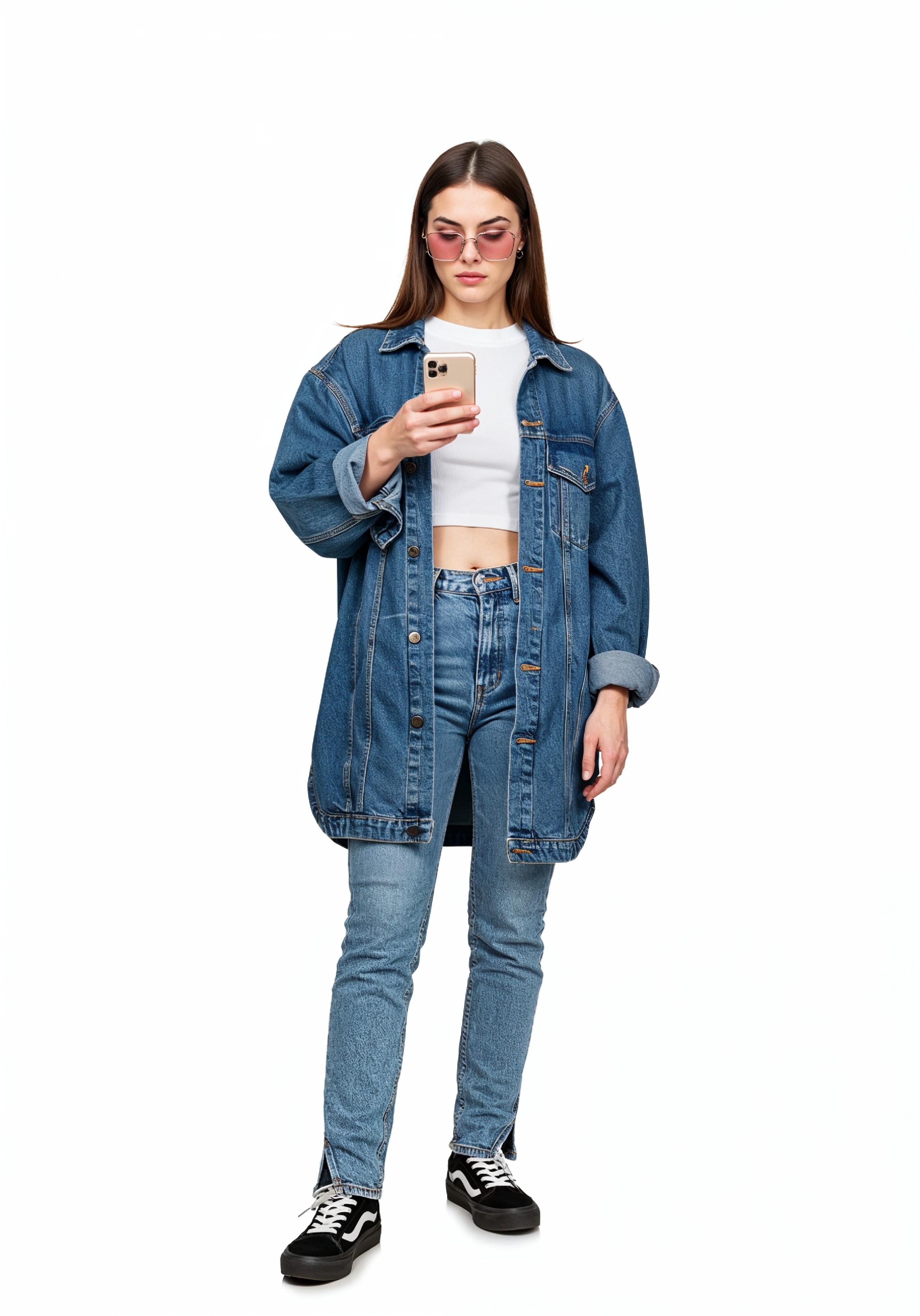 Stylish Young Woman in Denim Jacket and Jeans Casual Street Fashion Portrait