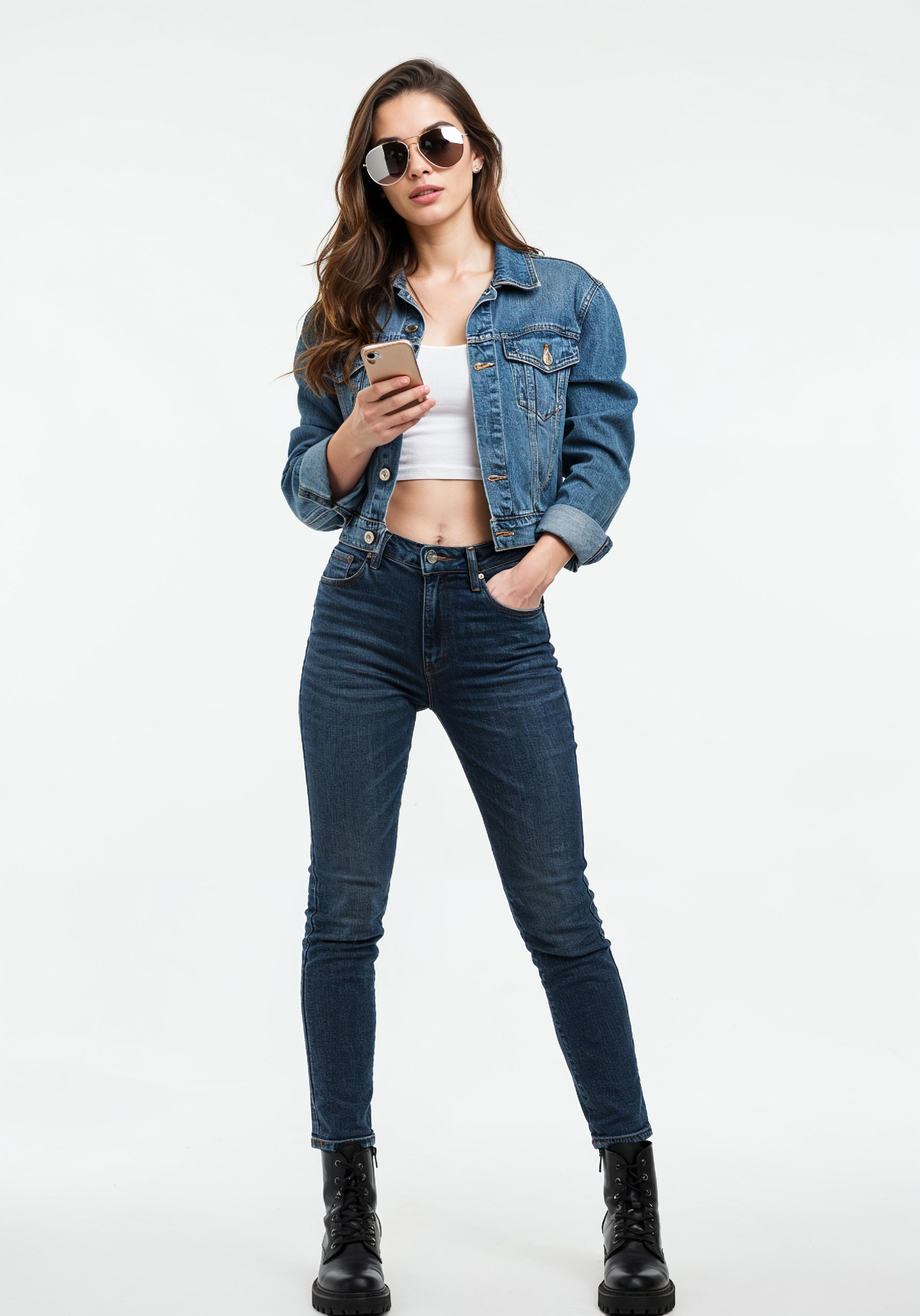 Stylish Young Woman in Denim Jacket and Jeans Casual Street Fashion Portrait