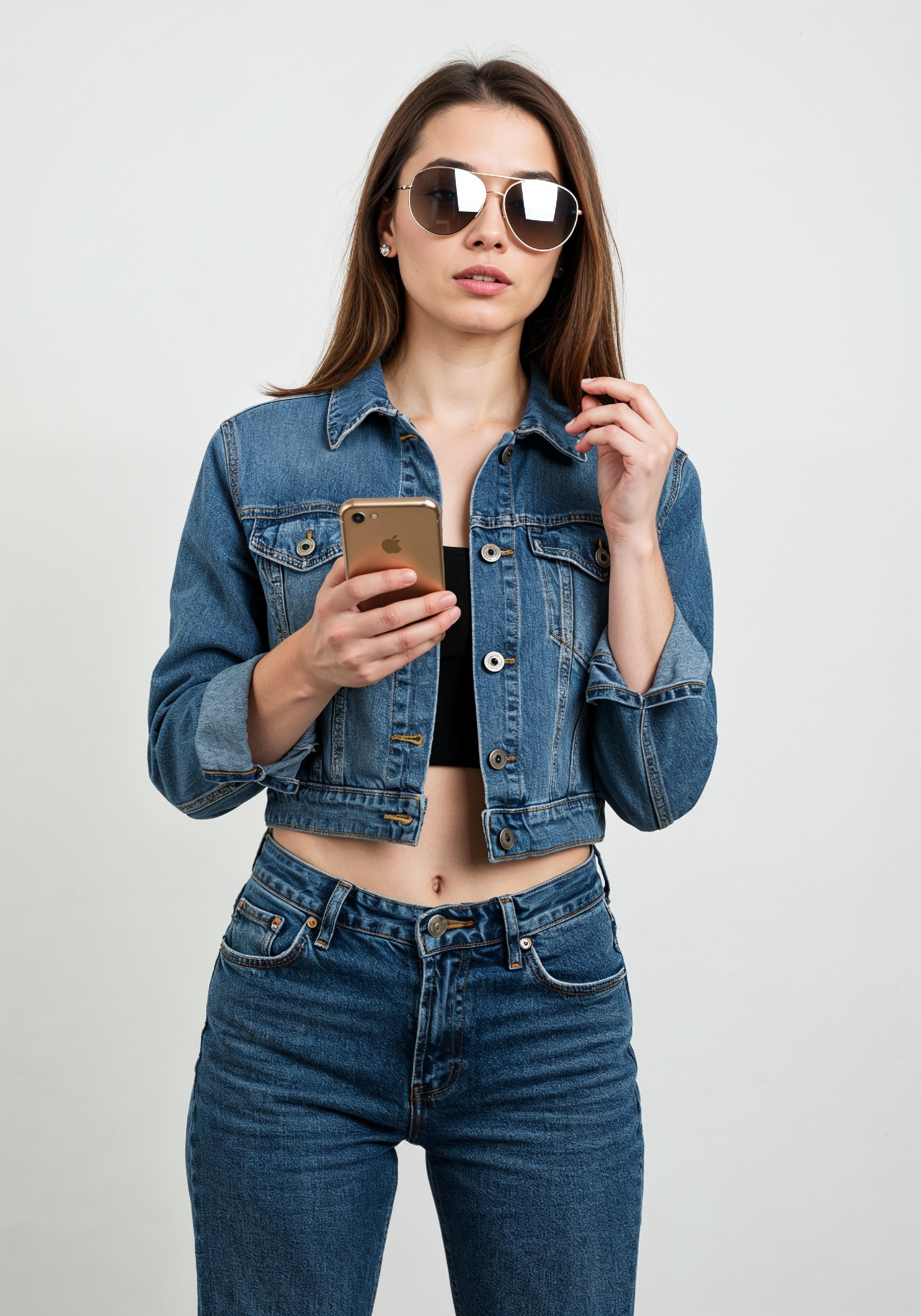 Stylish Young Woman in Denim Jacket and Jeans Casual Street Fashion Portrait